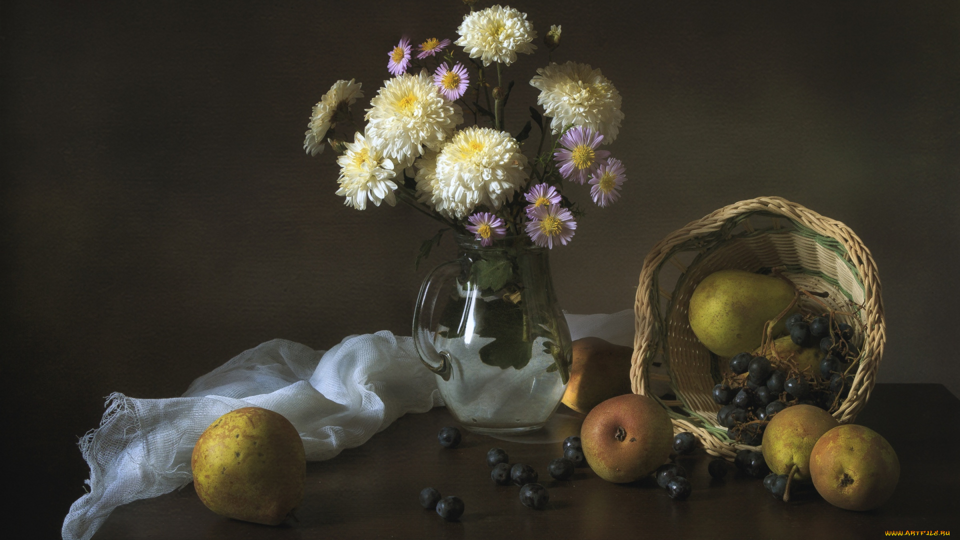 еда, натюрморт, виноград, груши, астры, хризантемы