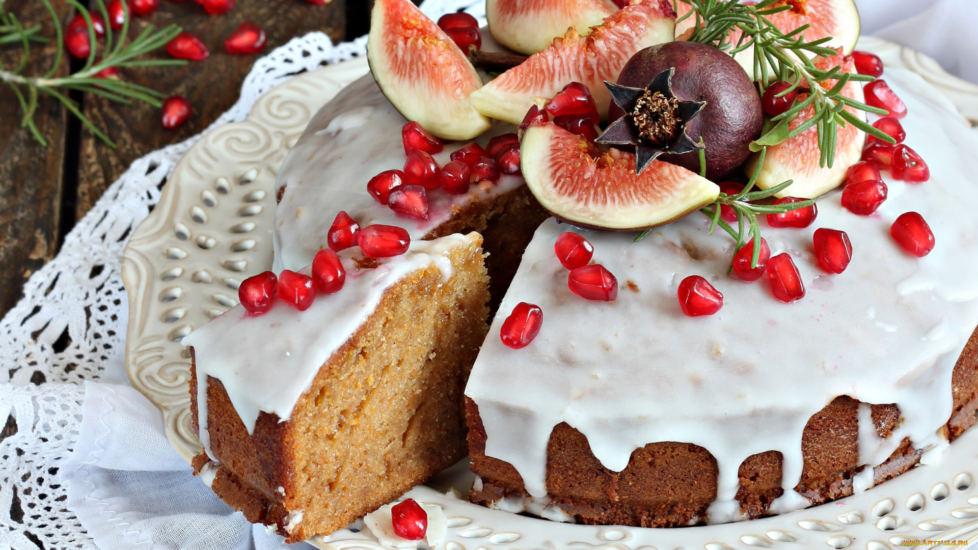 еда, пироги, пирог, глазурь, гранат, инжир