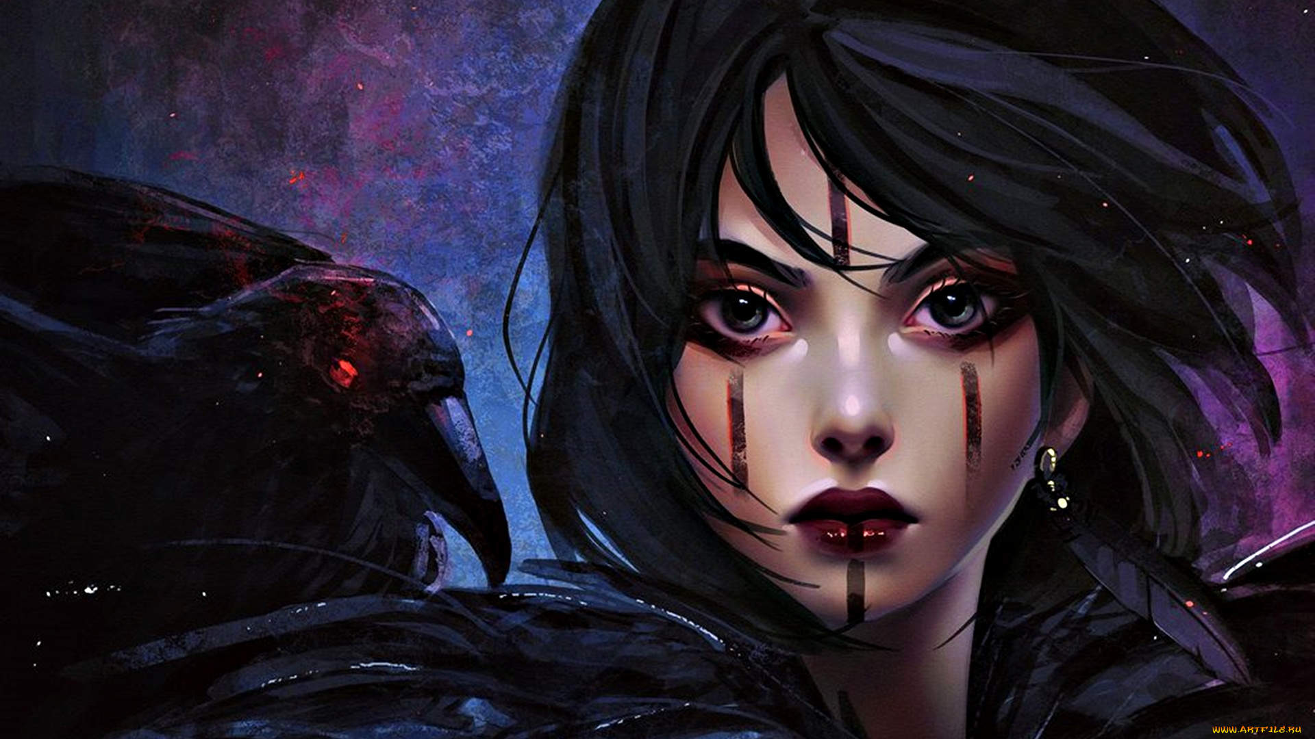 фэнтези, девушки, девушка, ворон, шатенка