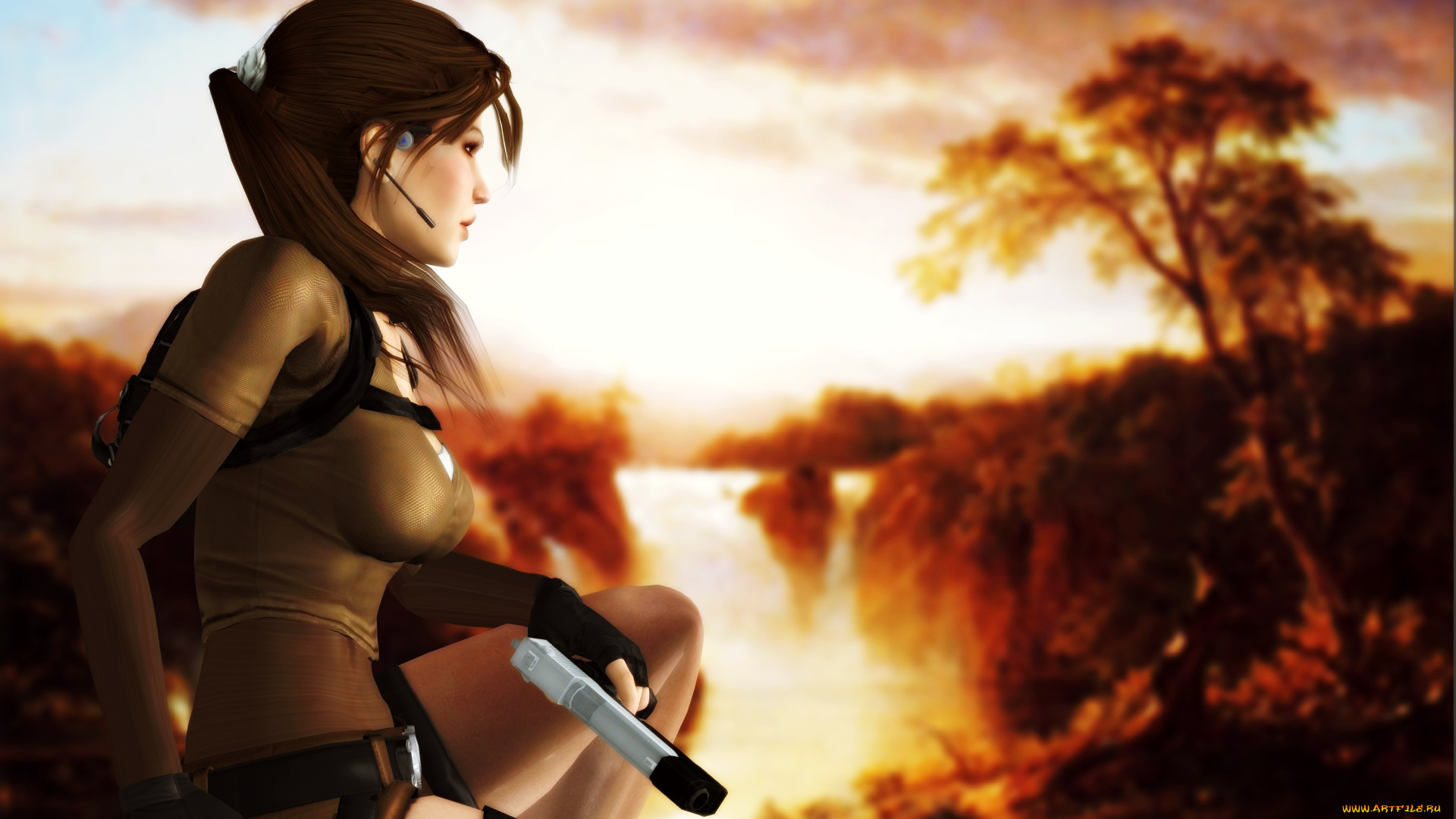 видео, игры, tomb, raider, , legend, водопад, фон, девушка, гарнитура, пистолет