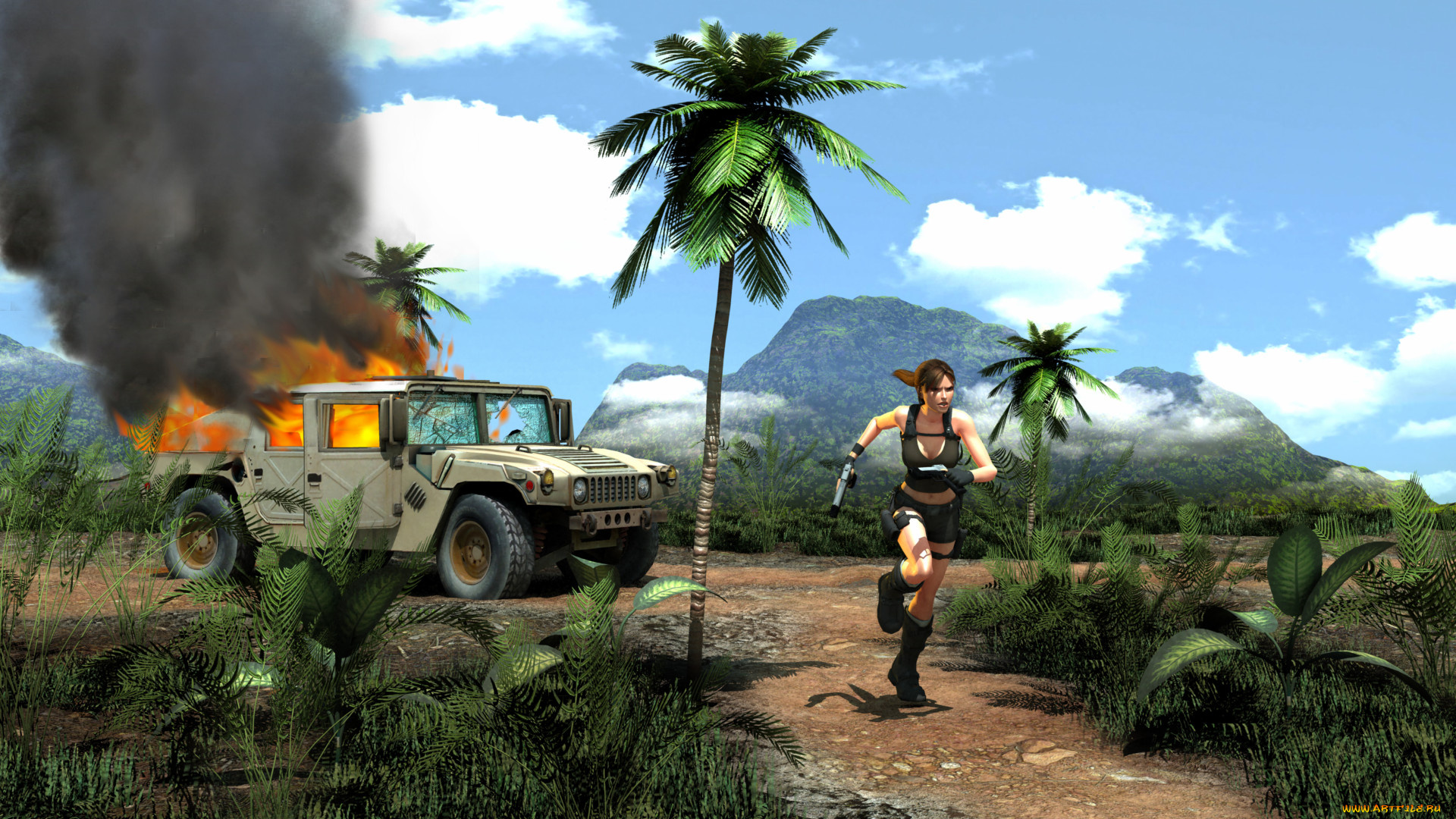 видео, игры, tomb, raider, , underworld, девушка, фон, бег, автомобиль, пистолет, огонь, плато