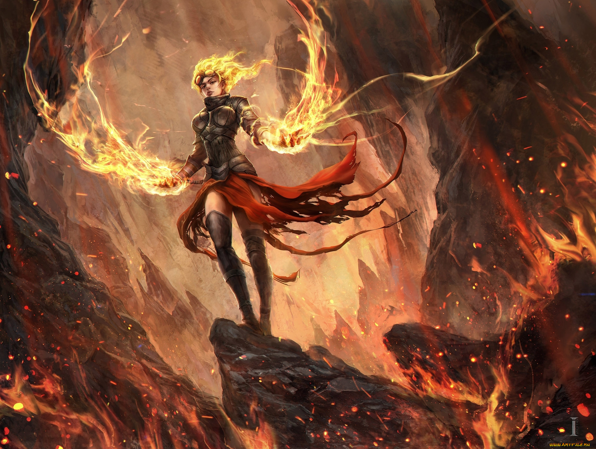 фэнтези, магия, chandra, nalaar, girl, скалы, fantasy, огонь, magic, the, gathering, art, девушка, Чандра, налаар, by, ivan, tao, пламя, арт, маг, рисунок
