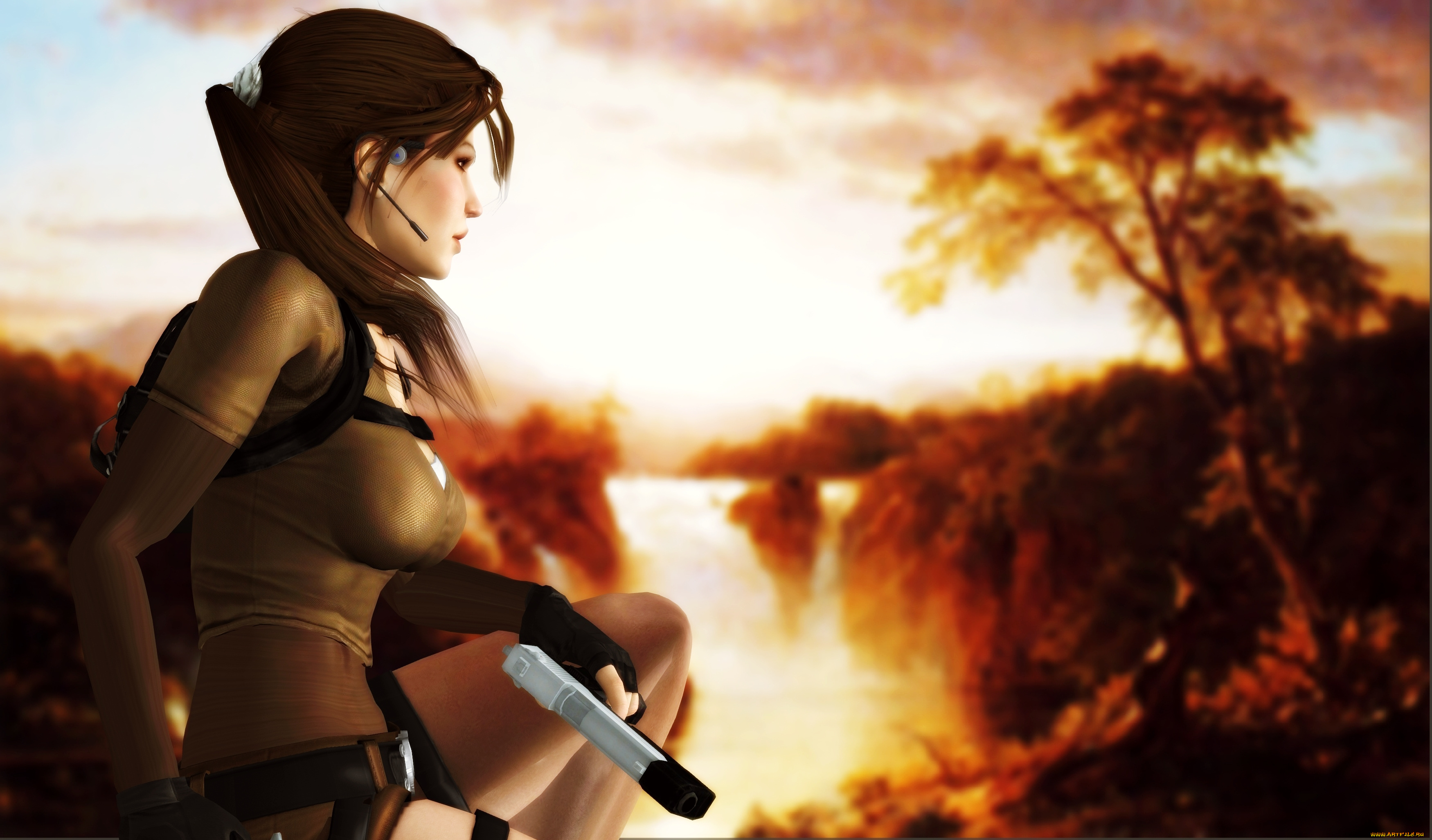 видео, игры, tomb, raider, , legend, водопад, фон, девушка, гарнитура, пистолет