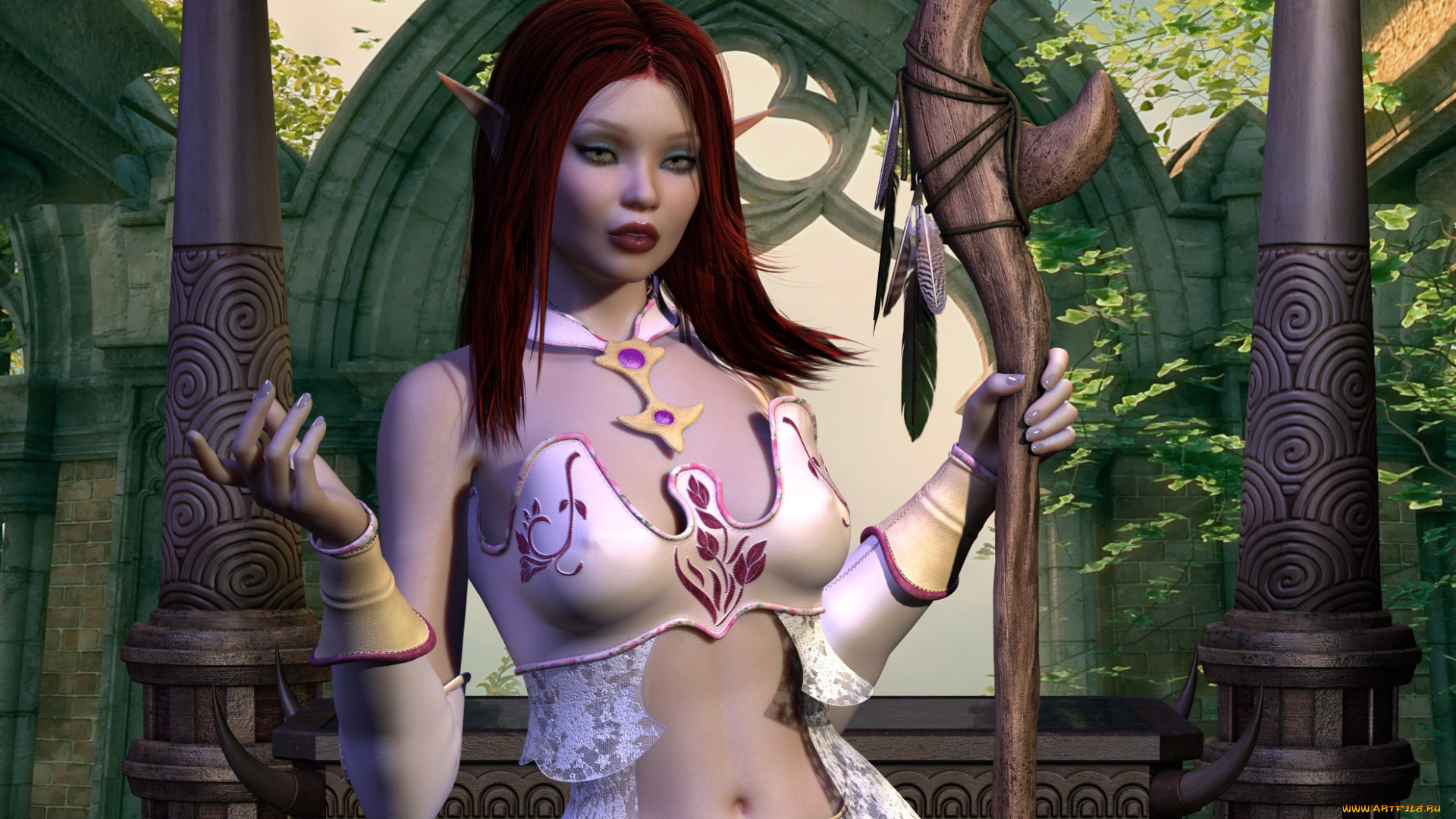 3д, графика, эльфы, , elves, фон, взгляд, эльфийка