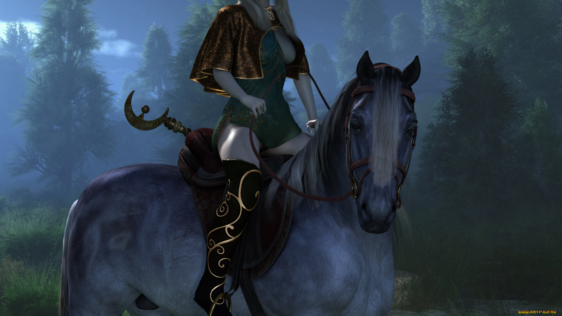 3д, графика, фантазия, , fantasy, лошадь, фон, взгляд, девушка