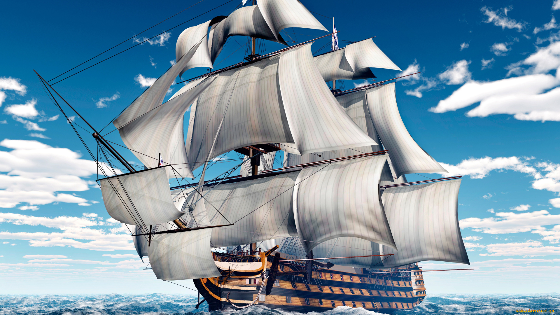 3д, графика, море, , sea, корабль, паруса, волны, море, парусник, 3d, графика, небо, облака, мачты