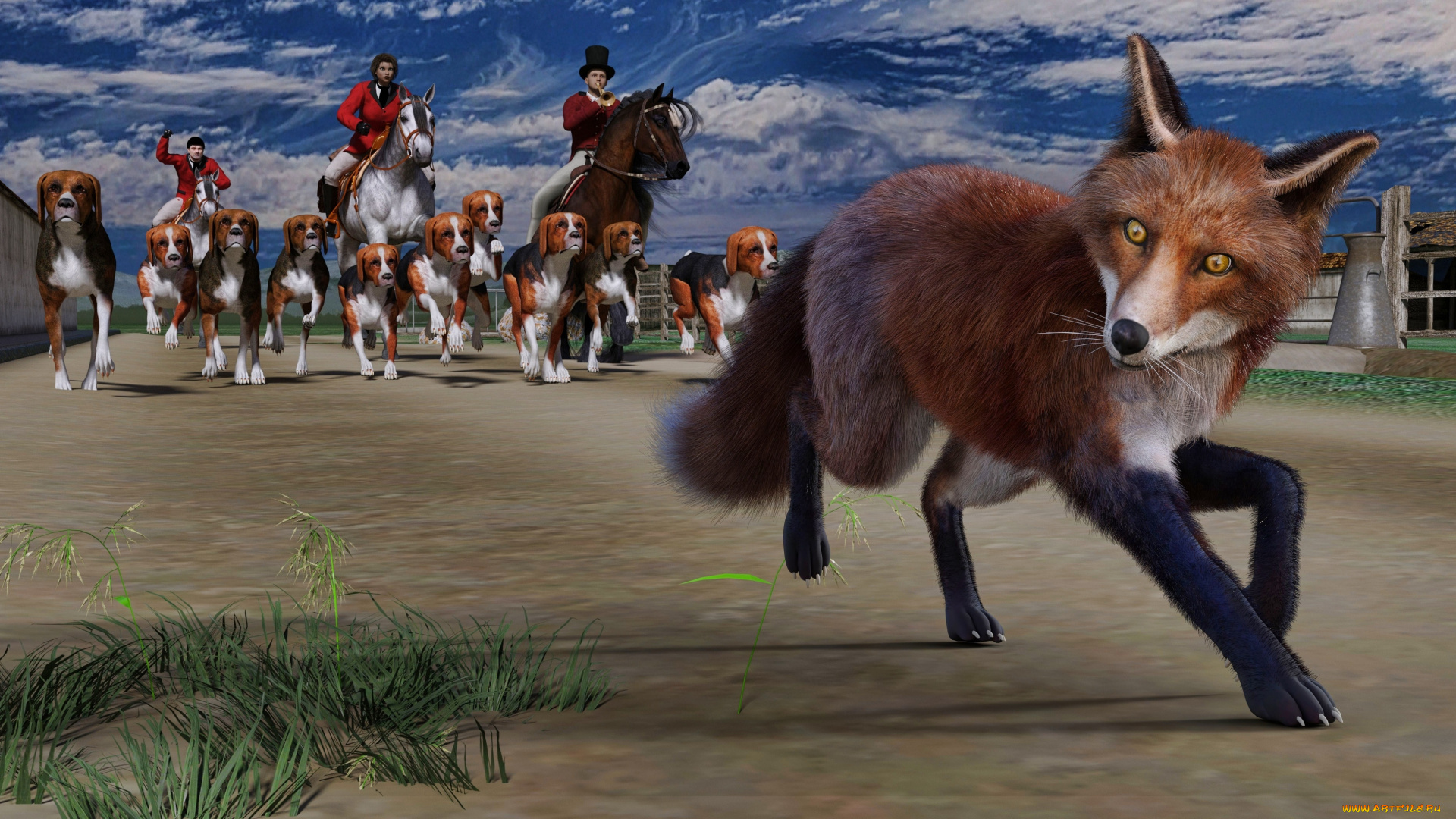 3д, графика, животные, , animals, лиса, охота, собаки