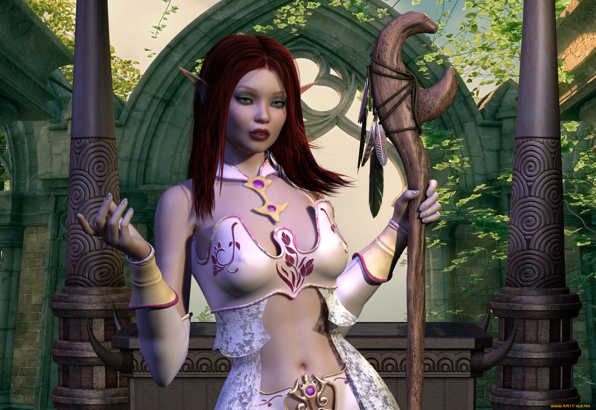 3д, графика, эльфы, , elves, фон, взгляд, эльфийка