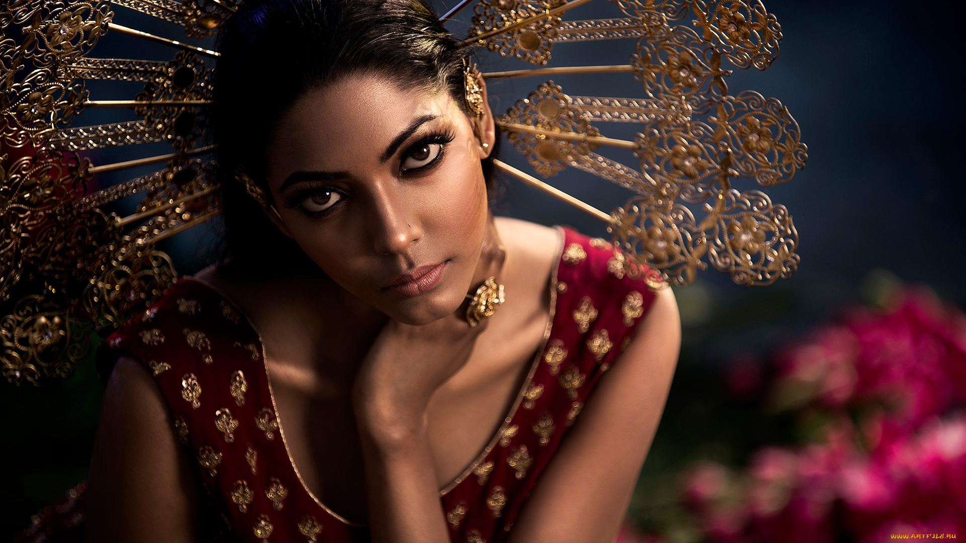 девушки, -, лица, , портреты, bollywood, девушка, красотка, золото, причёска, актриса, брюнетка, индианка, кино, индия, красное, поза, макияж