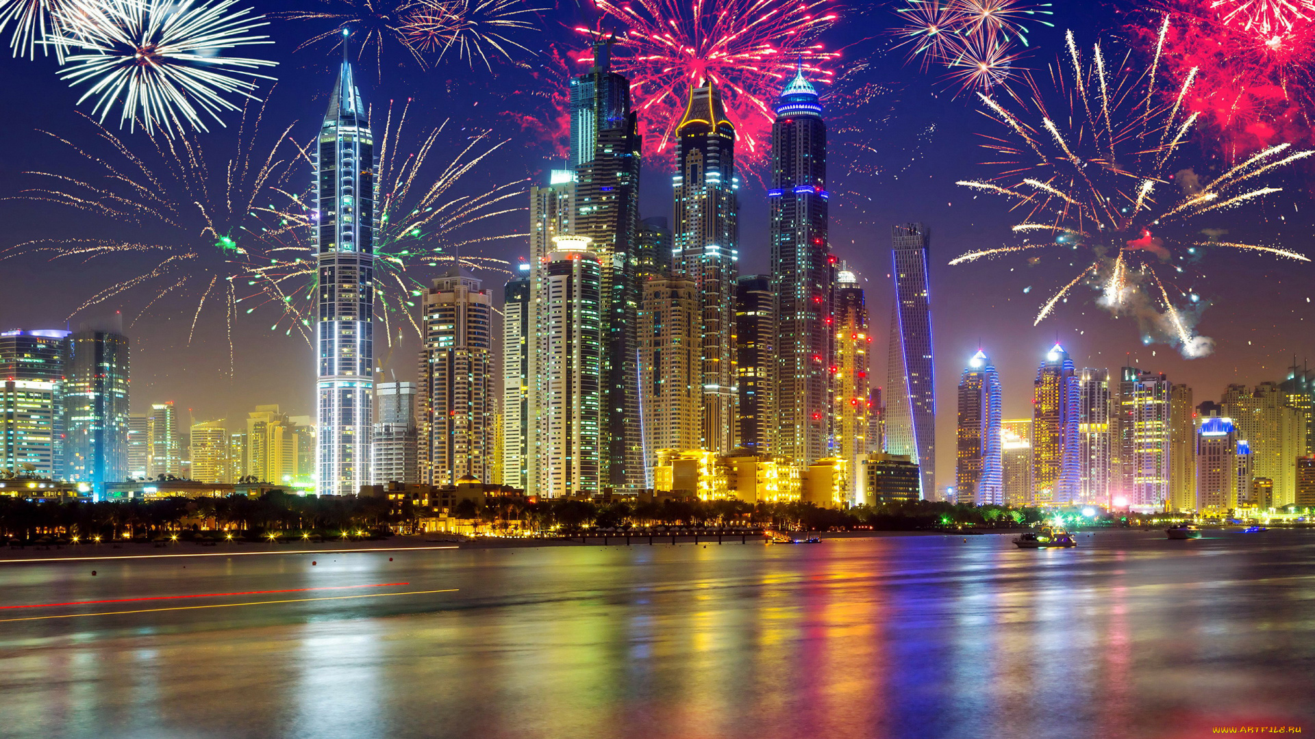 города, дубай, , оаэ, фейерверк