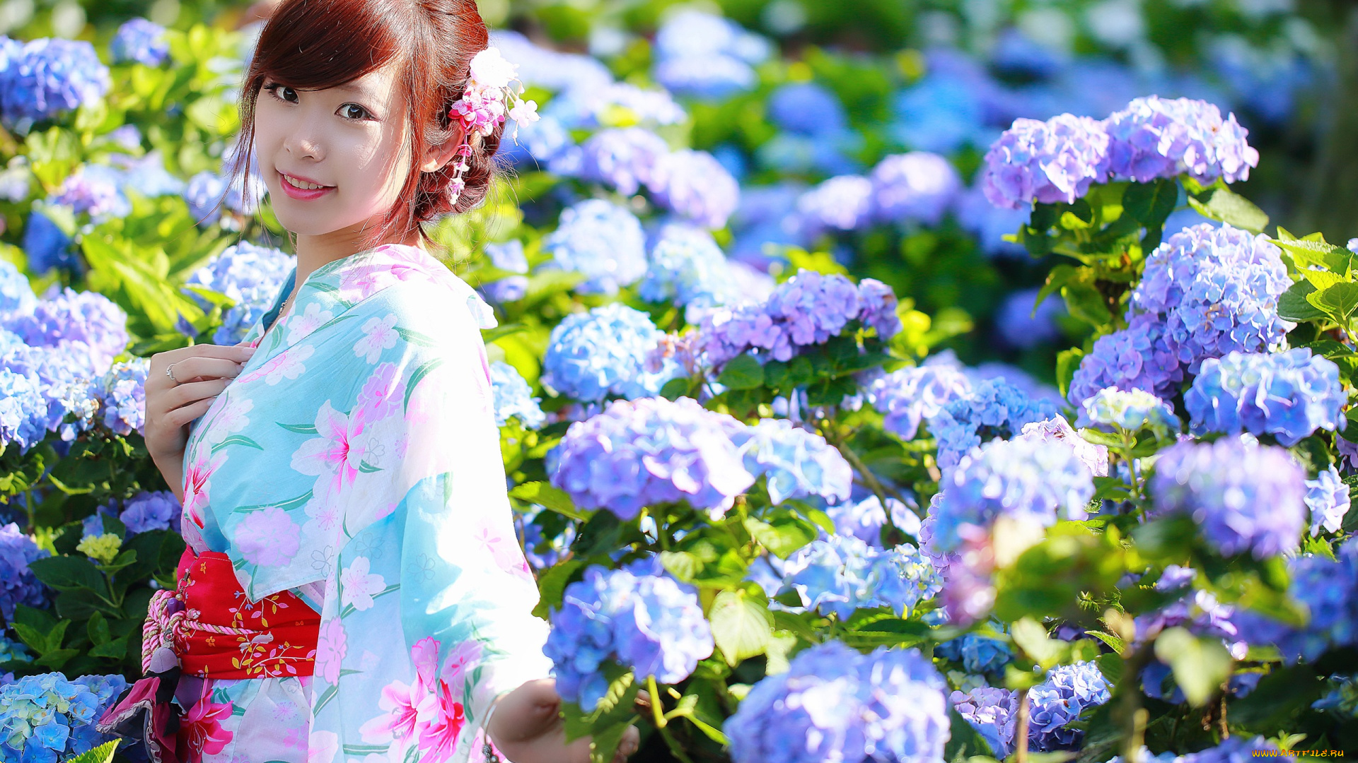 девушки, -, азиатки, шатенка, кимоно, цветы, гортензии