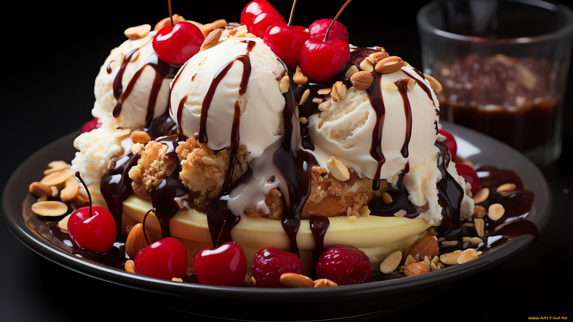 еда, мороженое, , десерты, вишни, сироп, орехи