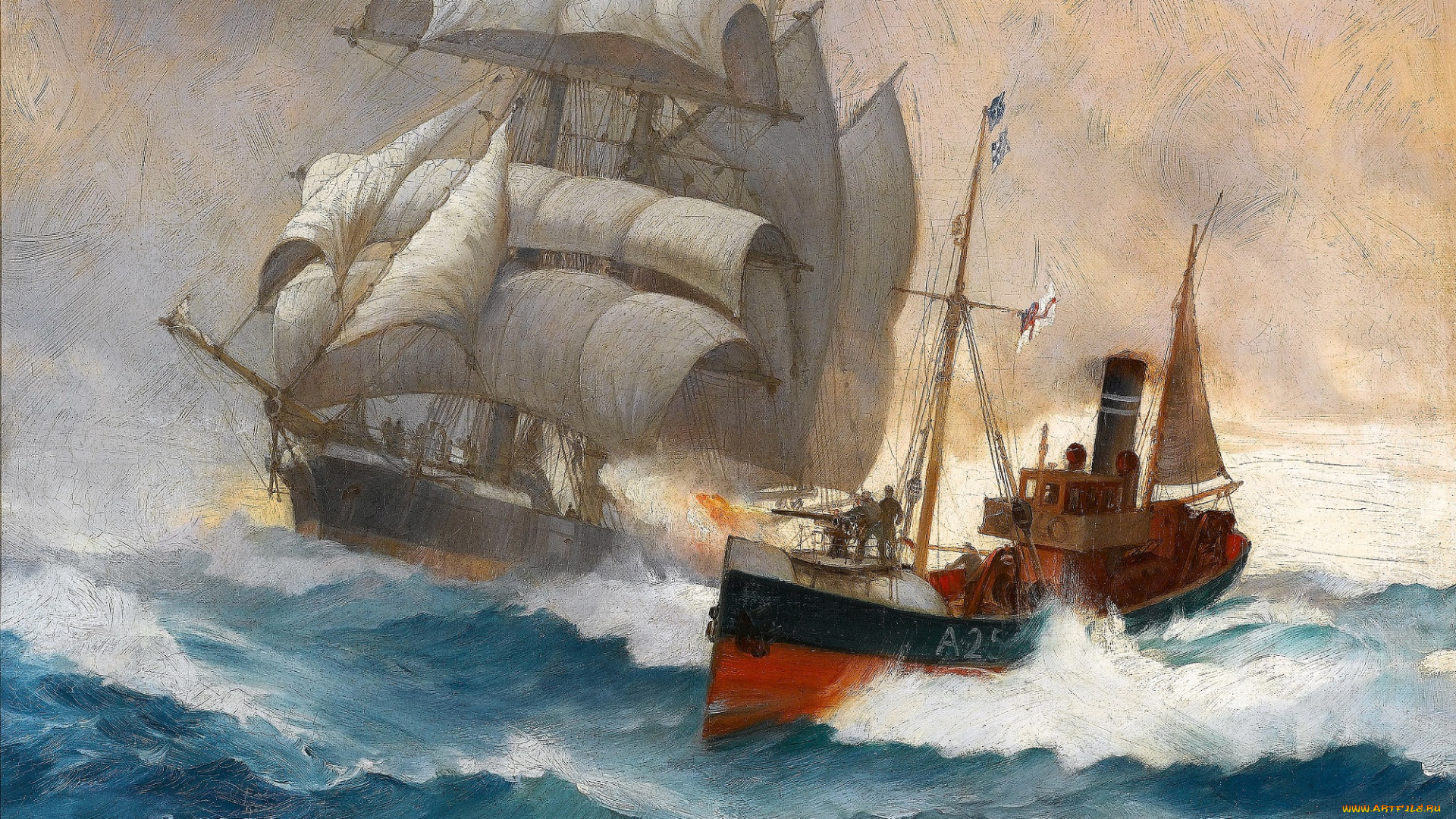 корабли, рисованные, парусник, катер, море