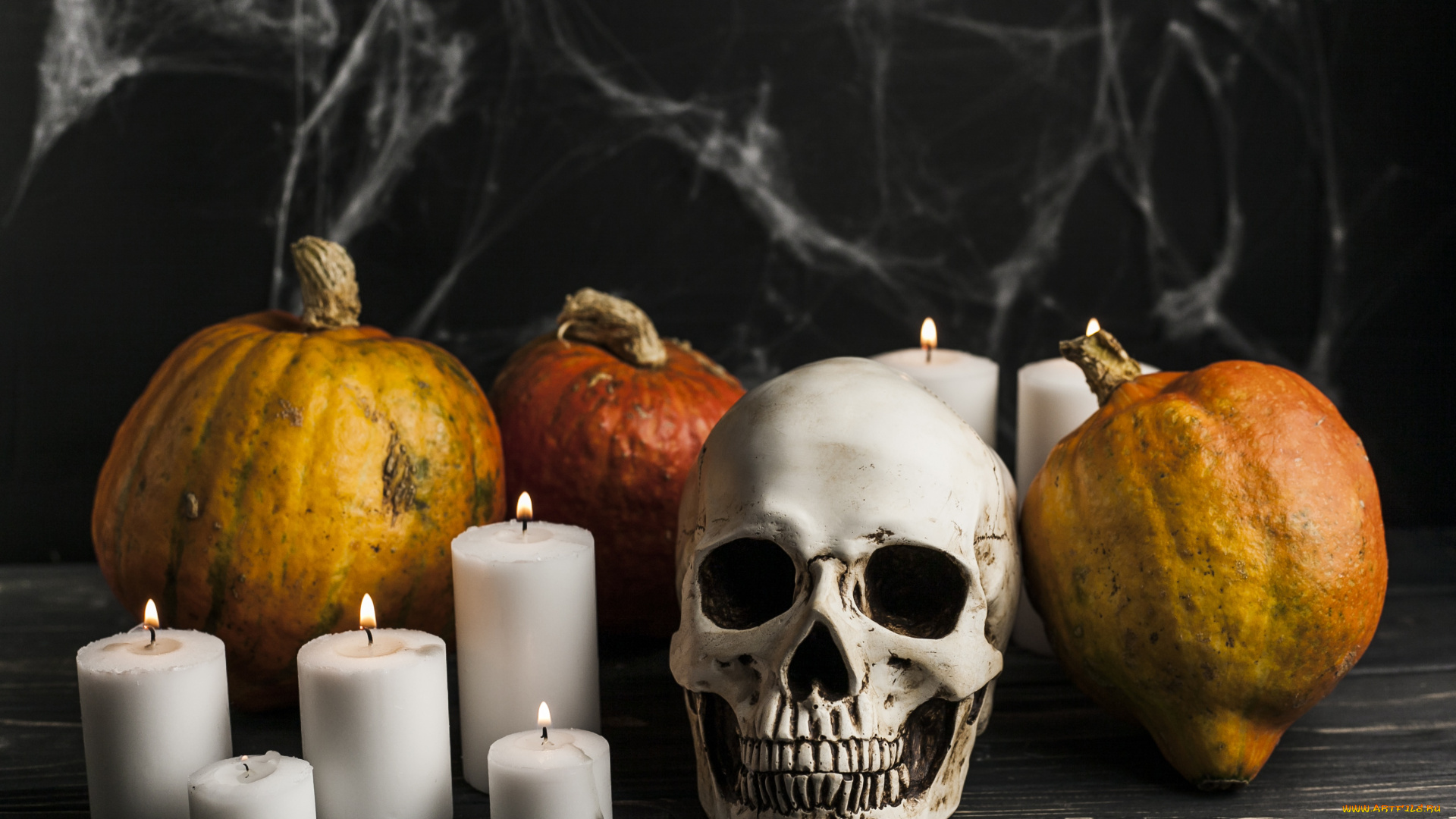 праздничные, хэллоуин, тыквы, свечи, череп