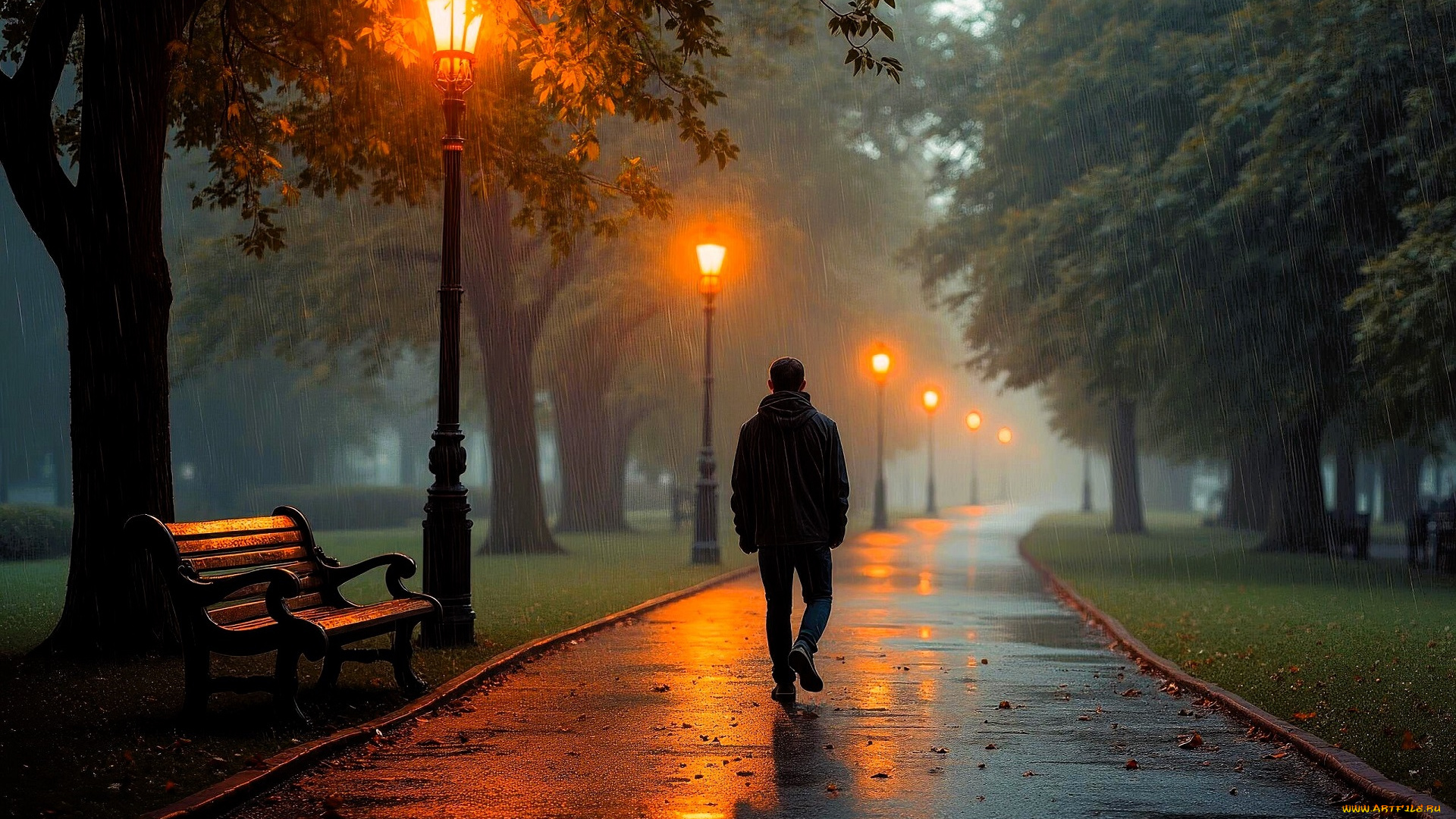 3д, графика, люди, , people, человек, парк, вечер, дождь, дорожка, скамейка, фонари, деревья