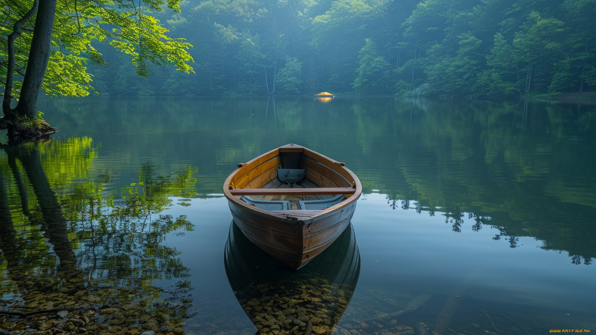 3д, графика, реализм, , realism, озеро, отражение, лодка
