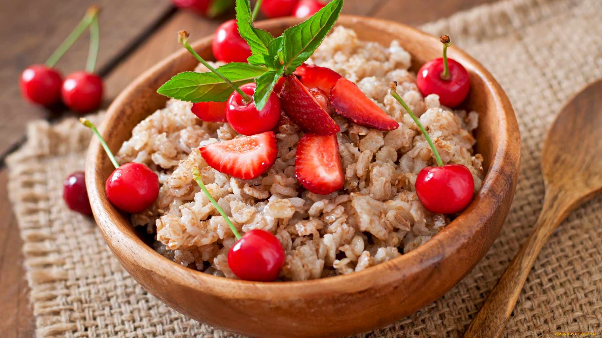 еда, вторые, блюда, каша, мята, ягоды, клубника, вишни