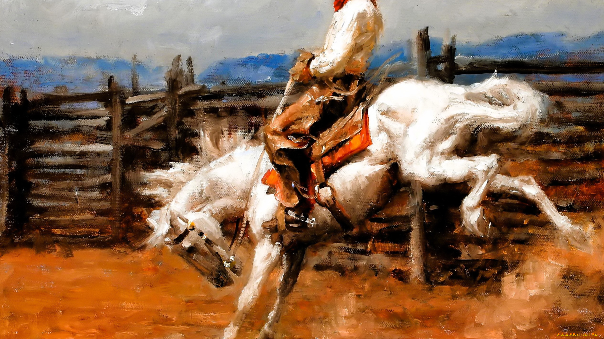 рисованное, andy, thomas, ковбой, всадник, лошадь, родео, пыль, забор