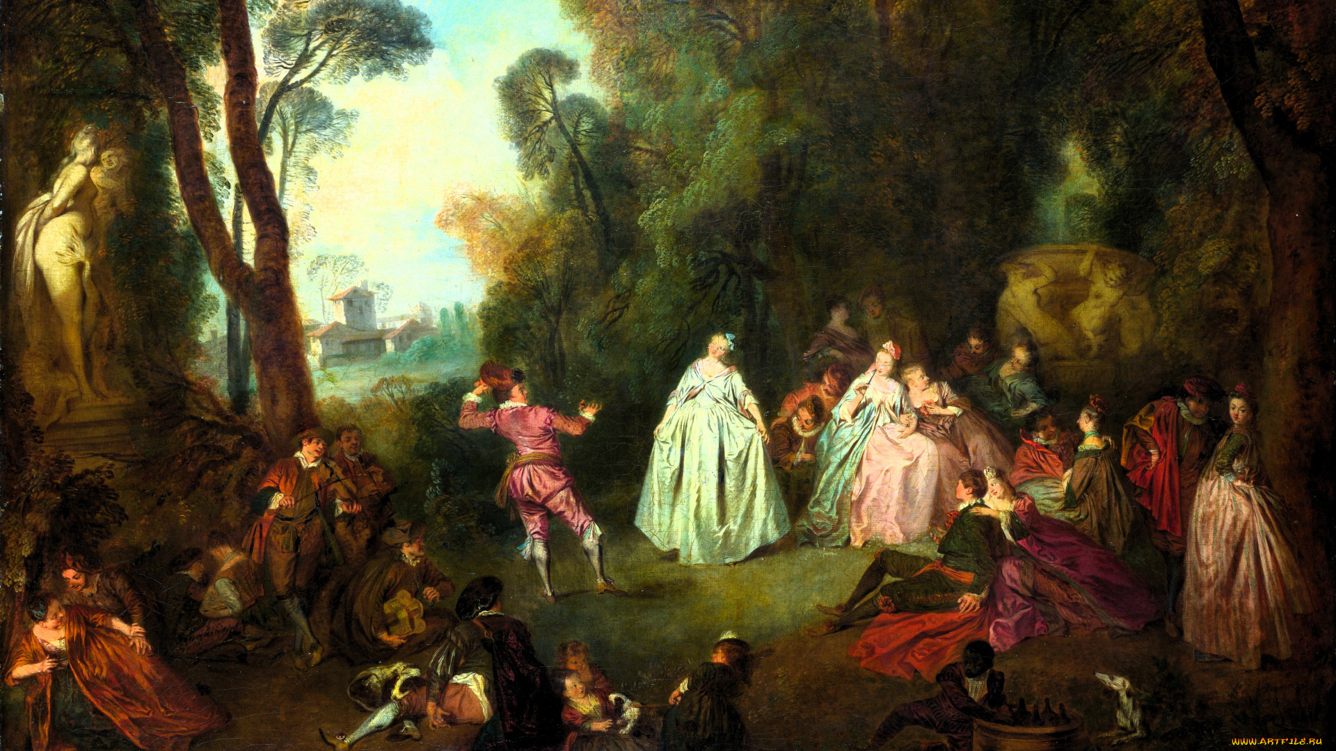 рисованное, живопись, люди, наряды, парк, деревья