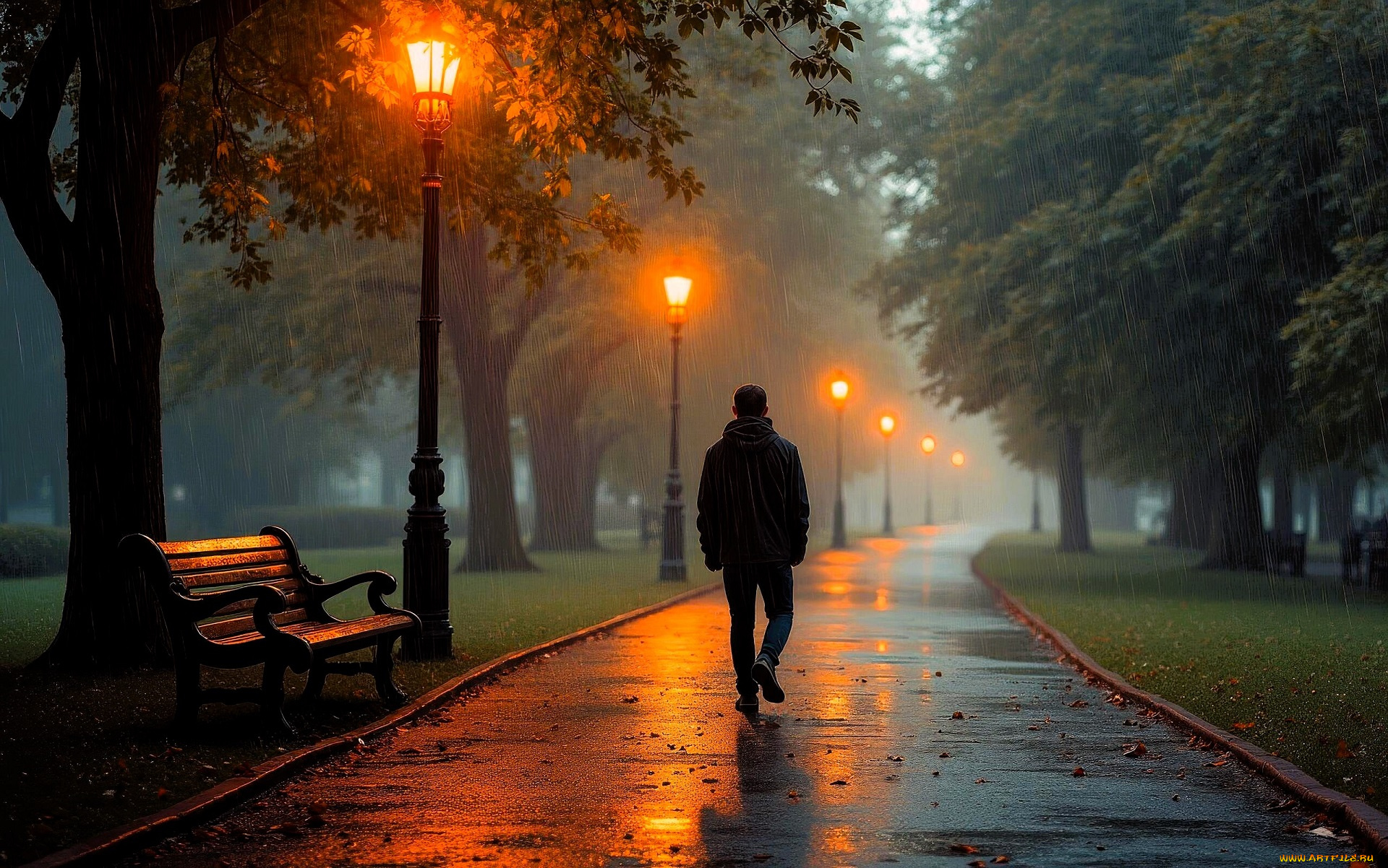 3д, графика, люди, , people, человек, парк, вечер, дождь, дорожка, скамейка, фонари, деревья