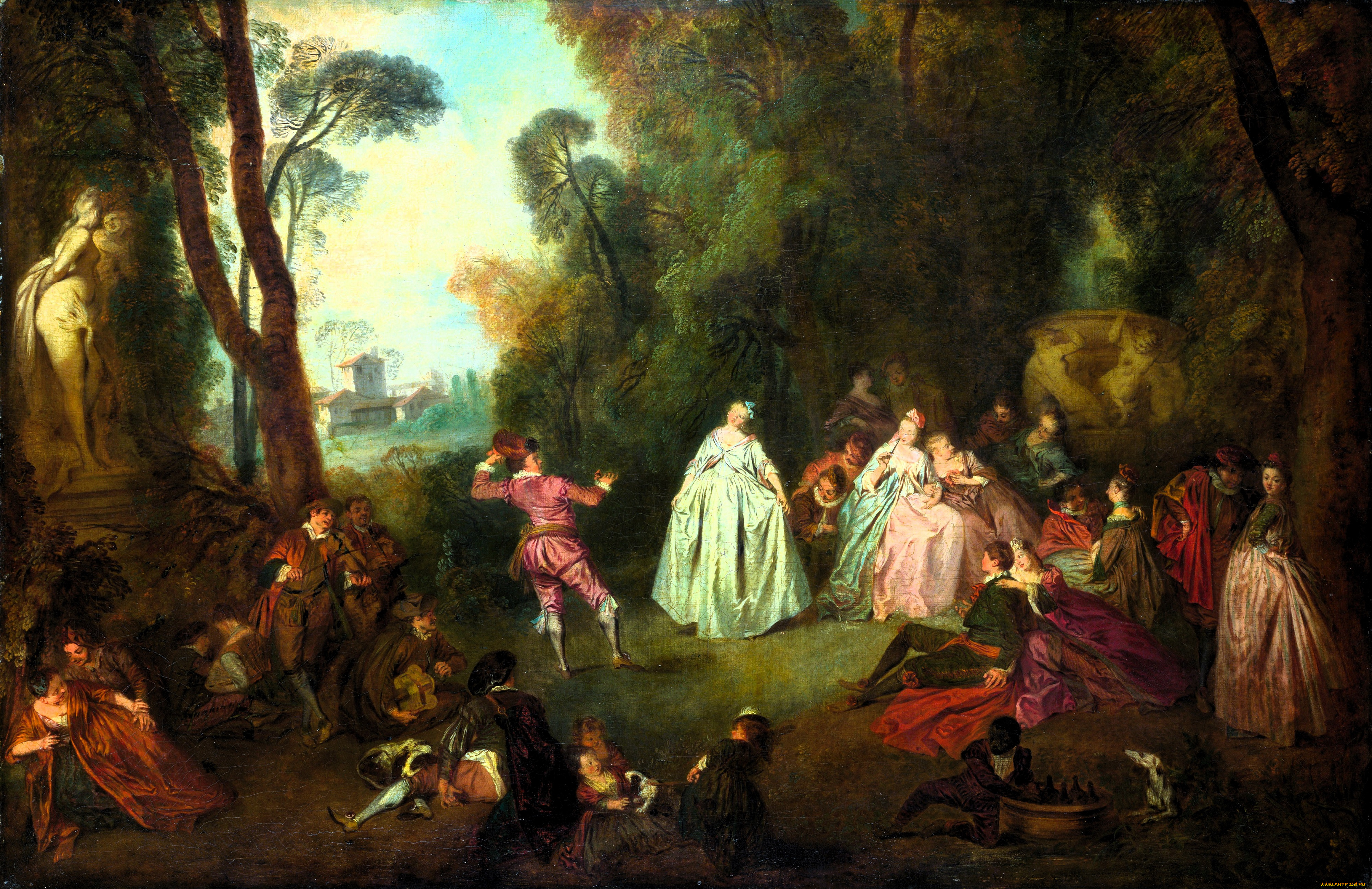 рисованное, живопись, люди, наряды, парк, деревья