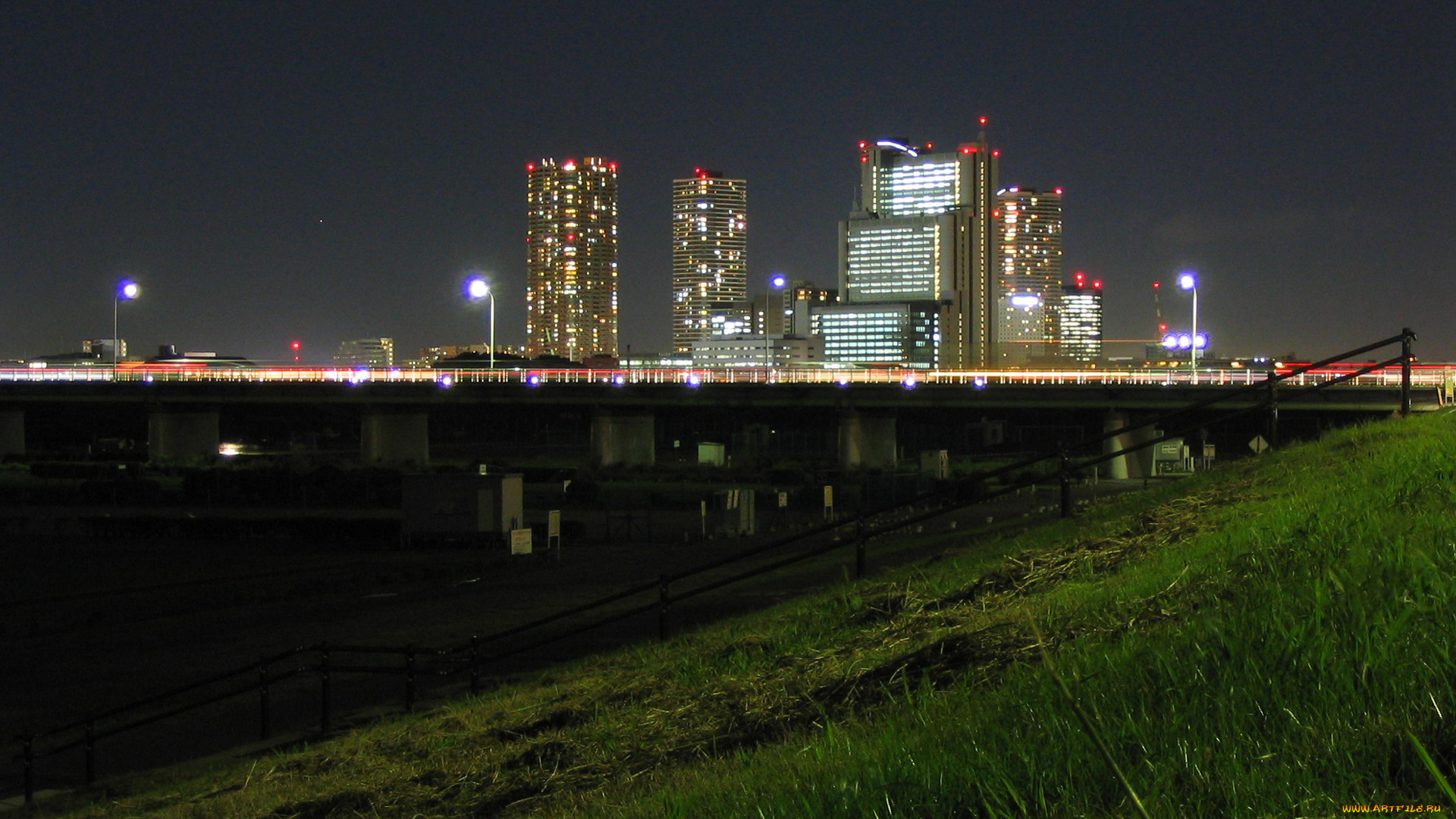 города, огни, ночного, дома, вода