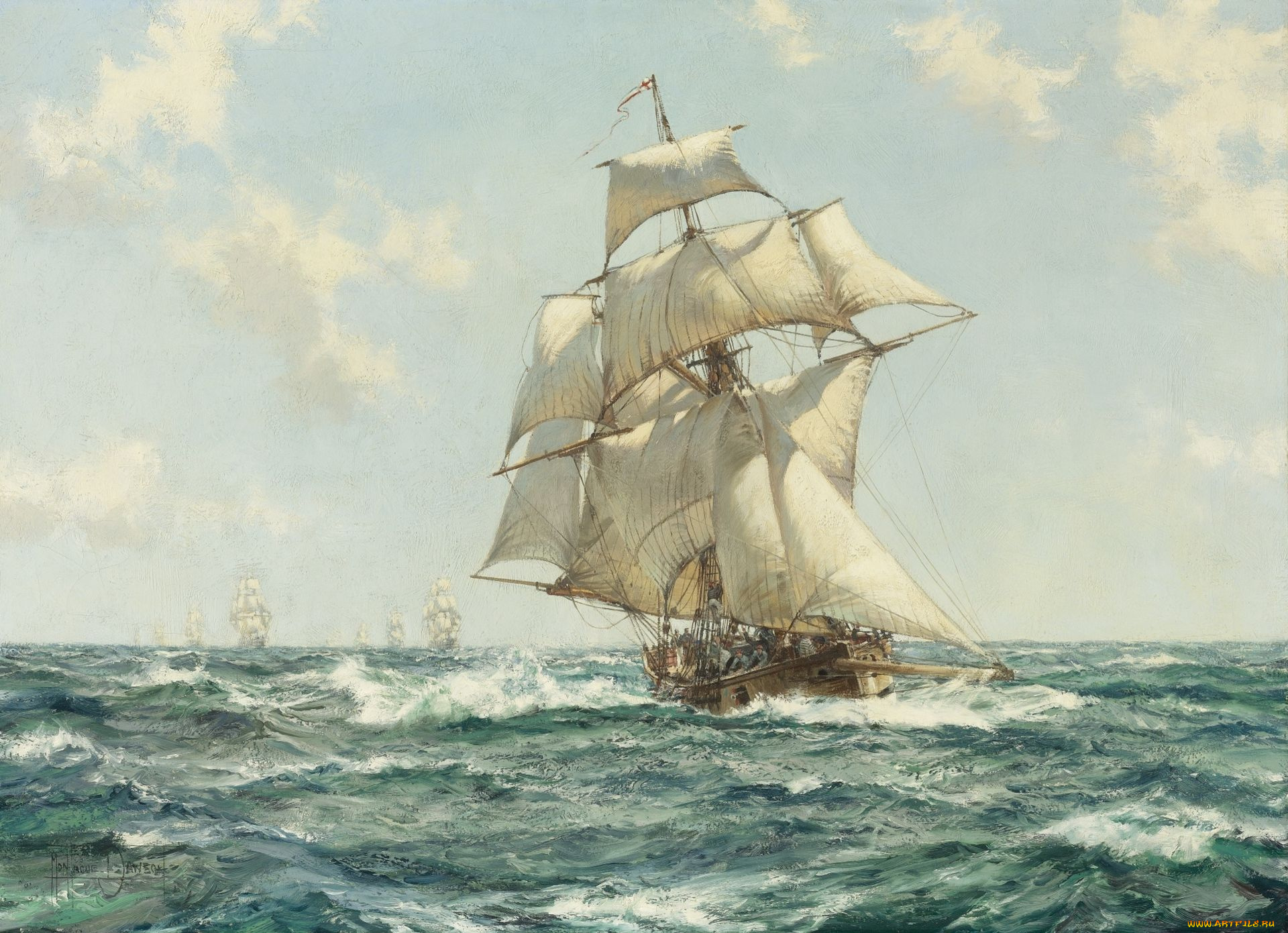 montague, dawson, рисованные, парусники, море