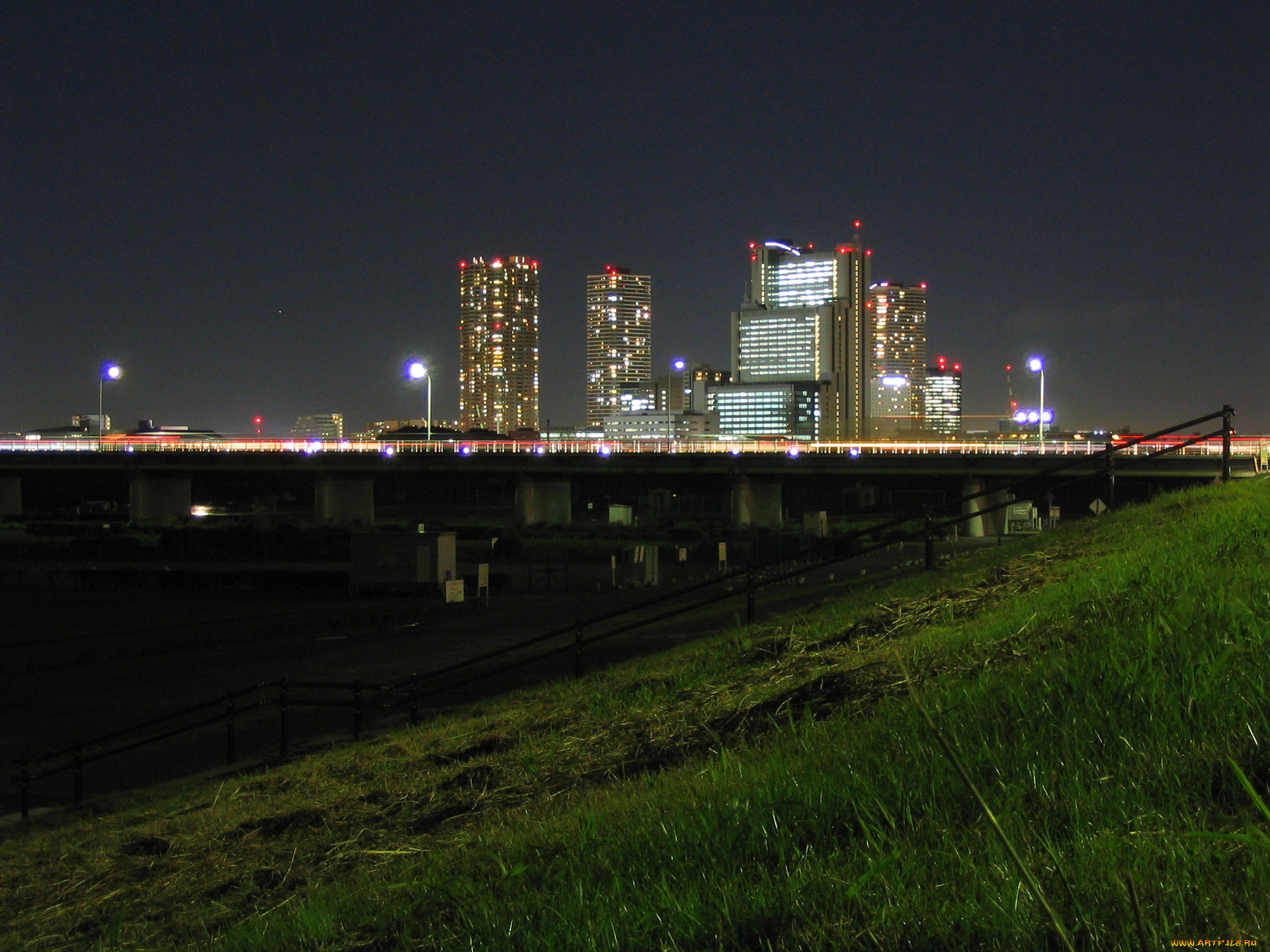 города, огни, ночного, дома, вода