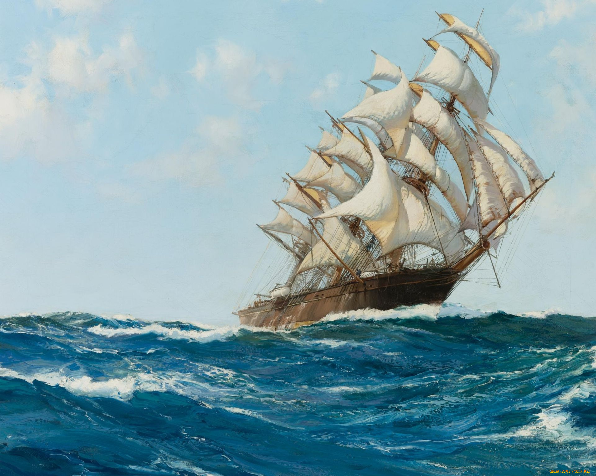 montague, dawson, рисованные, парусник, море