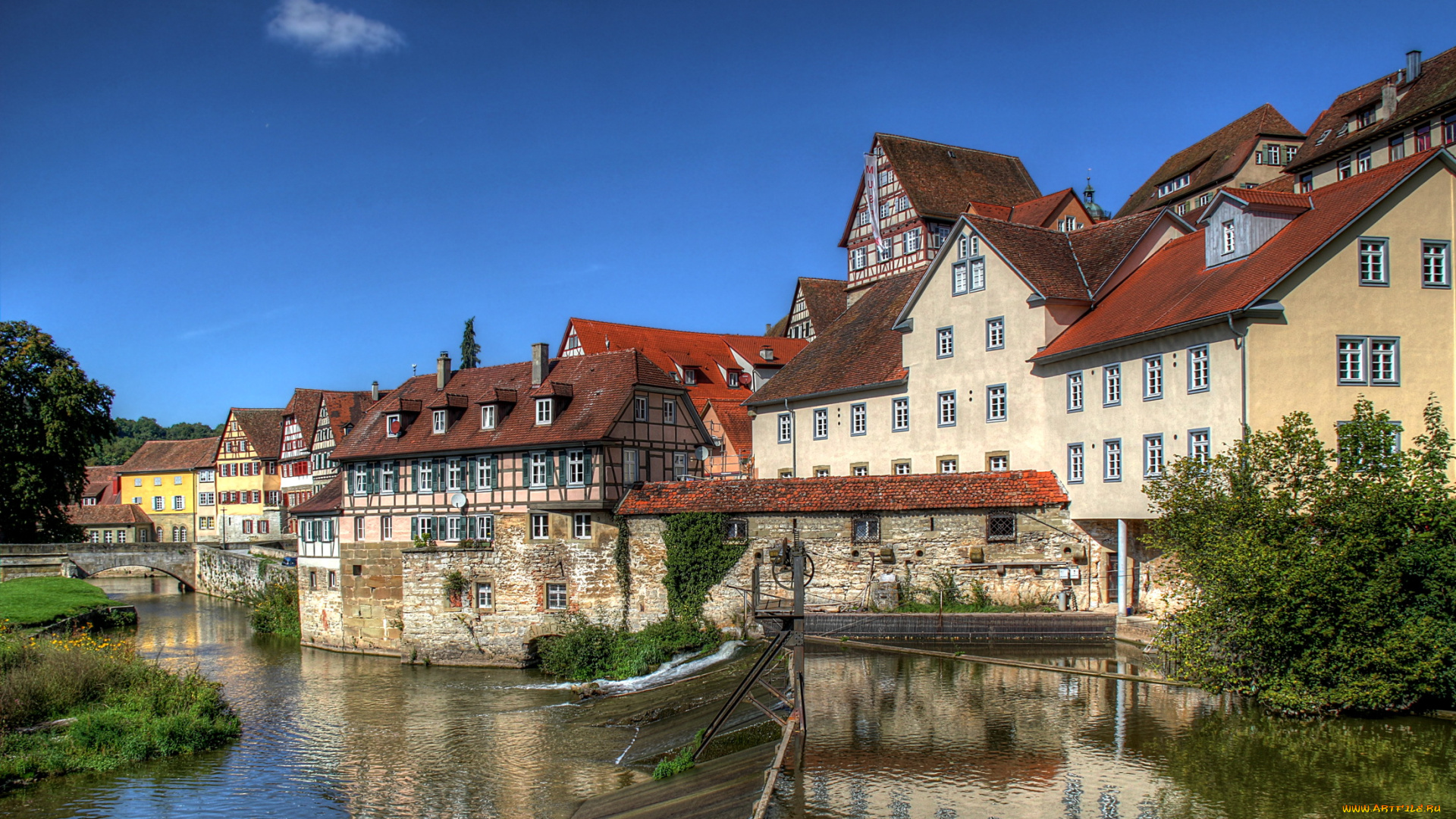германия, швебиш, халль, города, улицы, площади, набережные, дома, река, мост