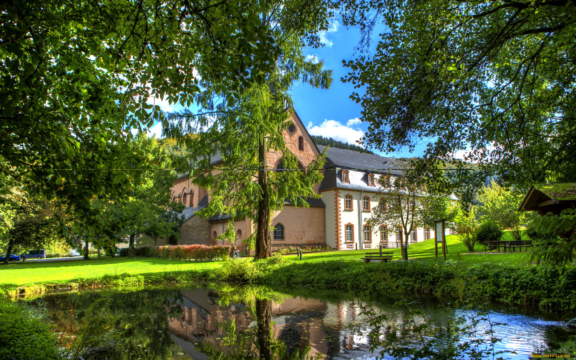 германия, санкт, томас, города, здания, дома, деревья, водоем