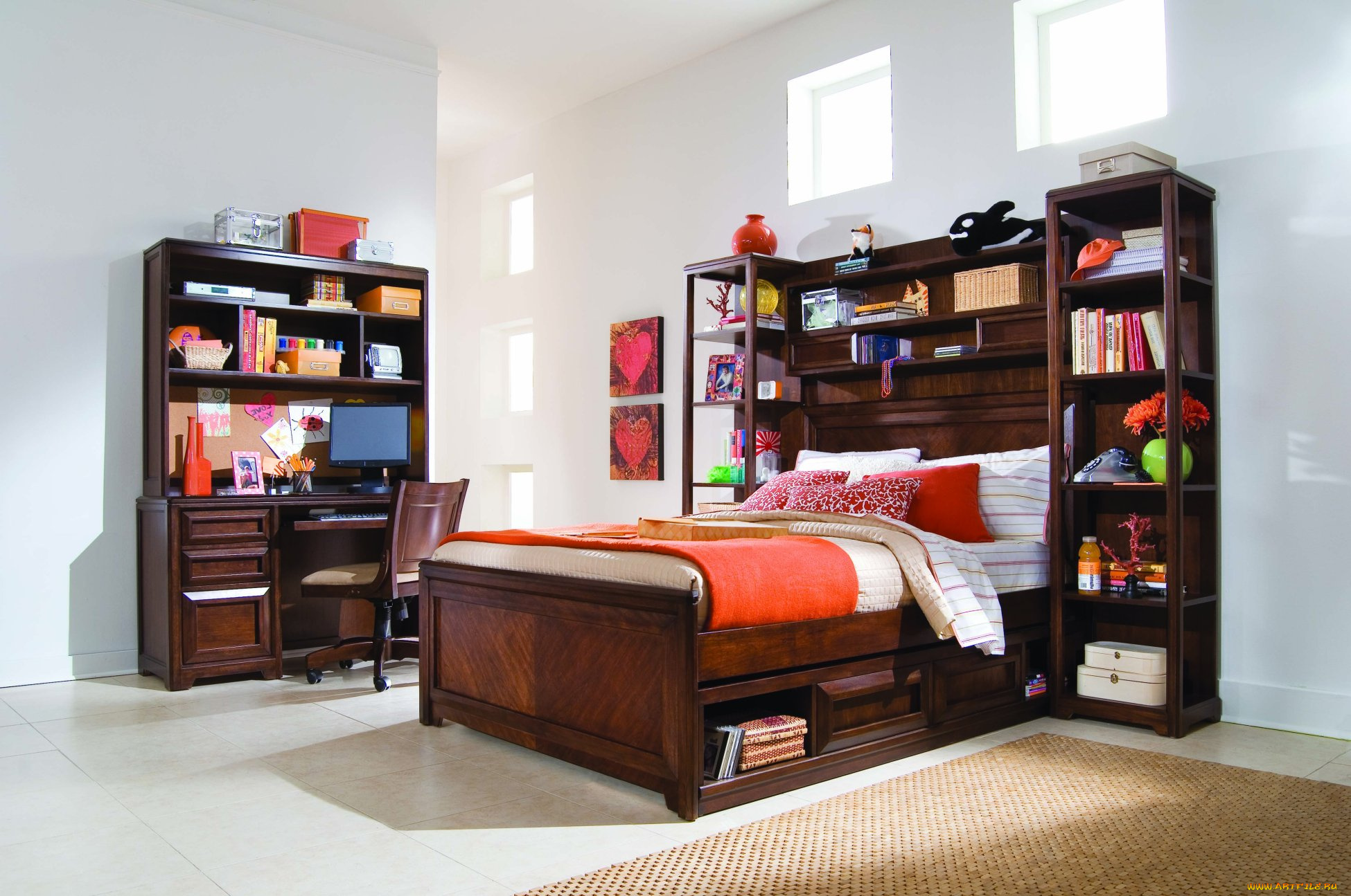 интерьер, детская, комната, кровать, тумбочки