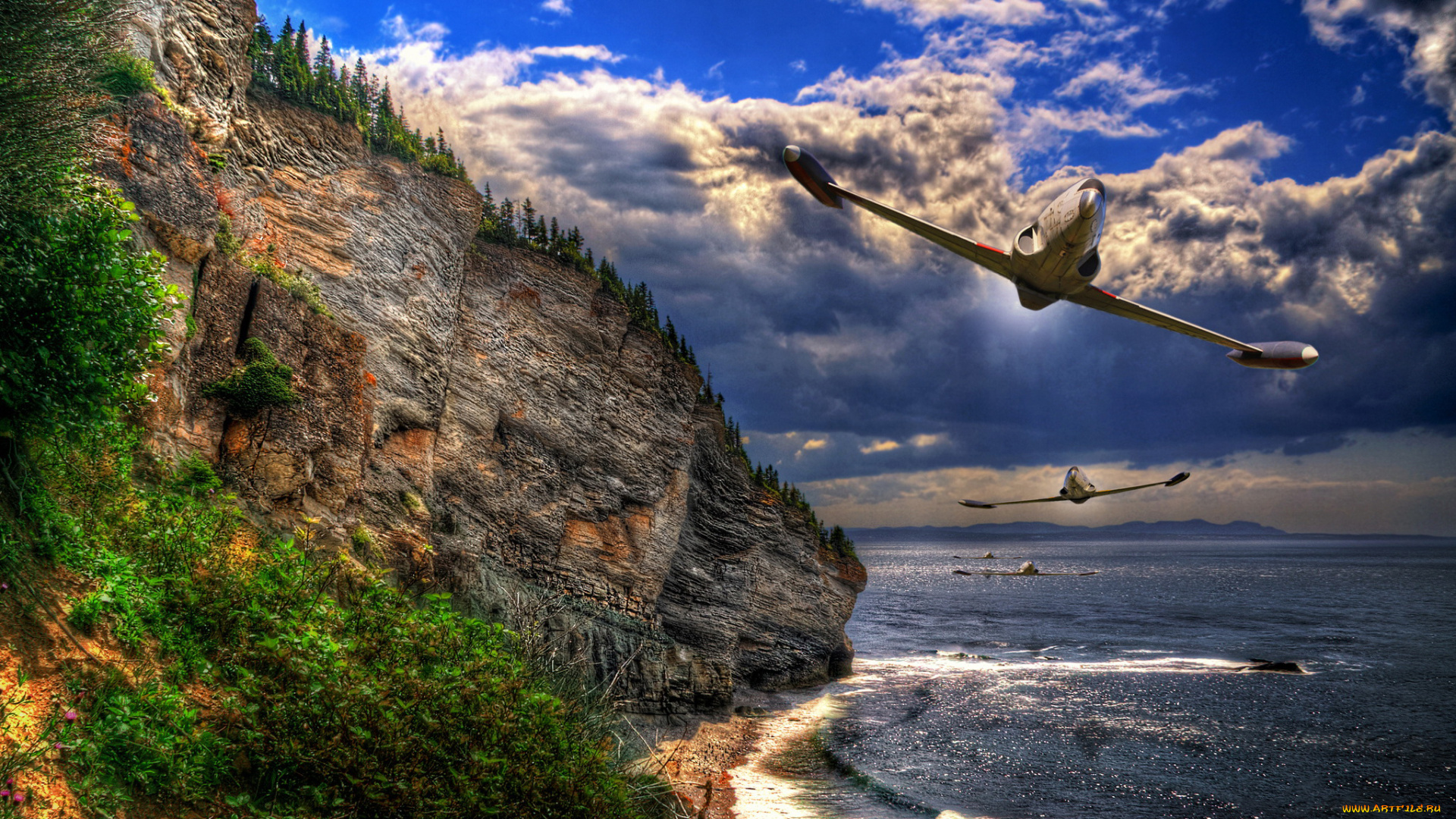авиация, 3д, рисованые, graphic, море, скалы, самолеты, пара