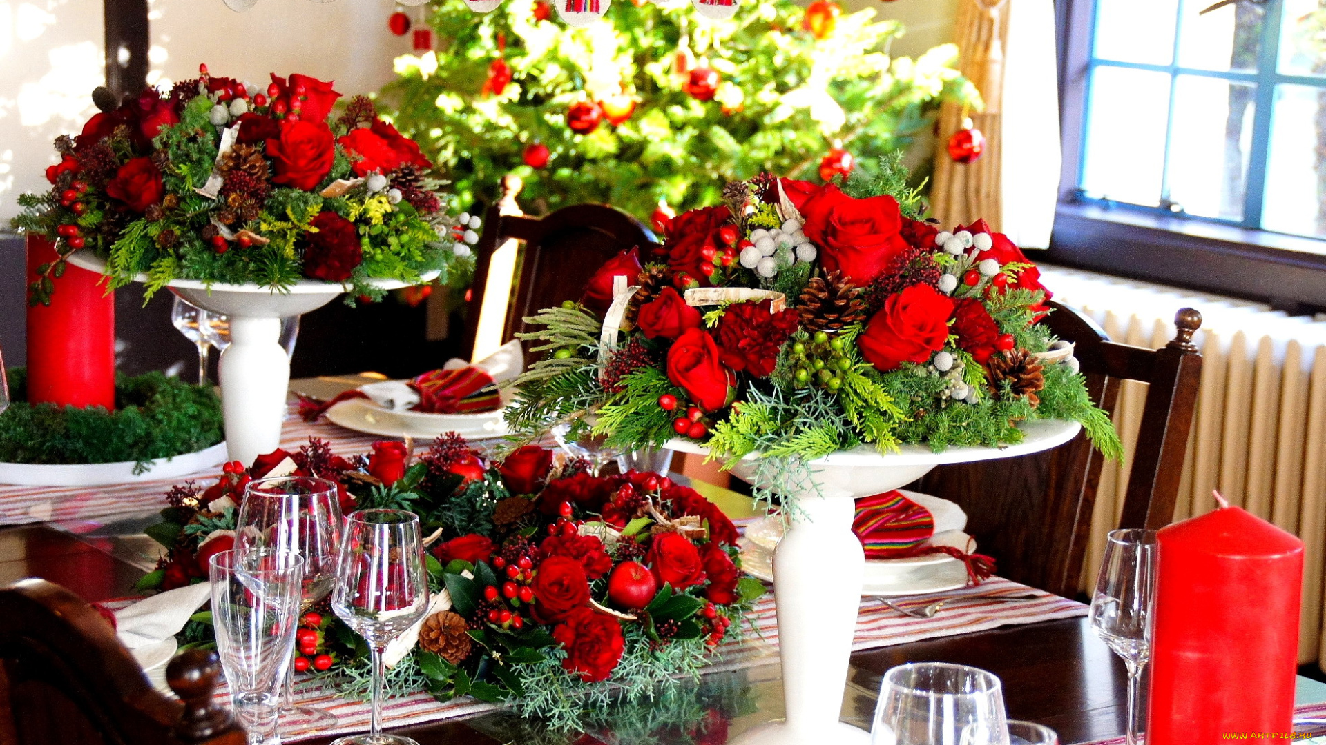 праздничные, мишура, гирлянды, цветы, свечи, бокалы, композиции