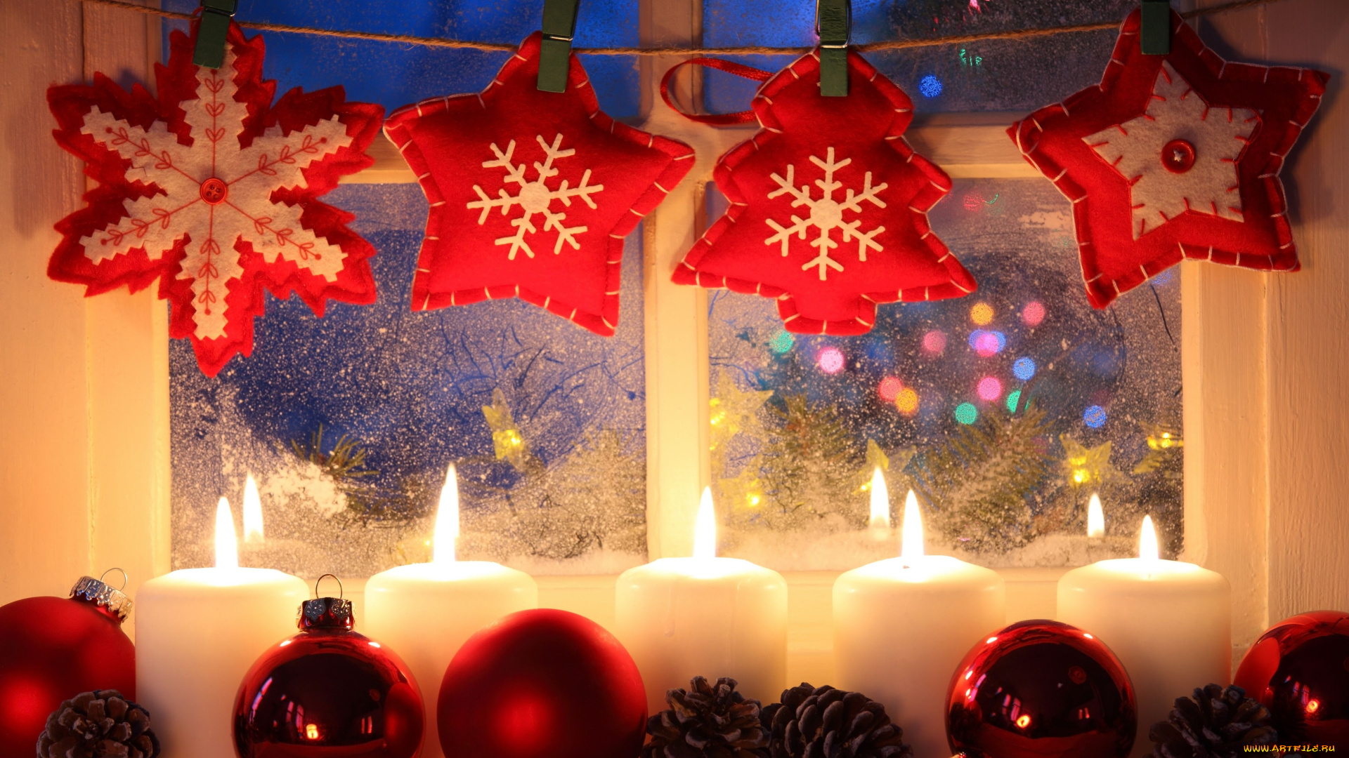 праздничные, разное, новый, год, окно, гирлянда, свечи, шарики, шишки