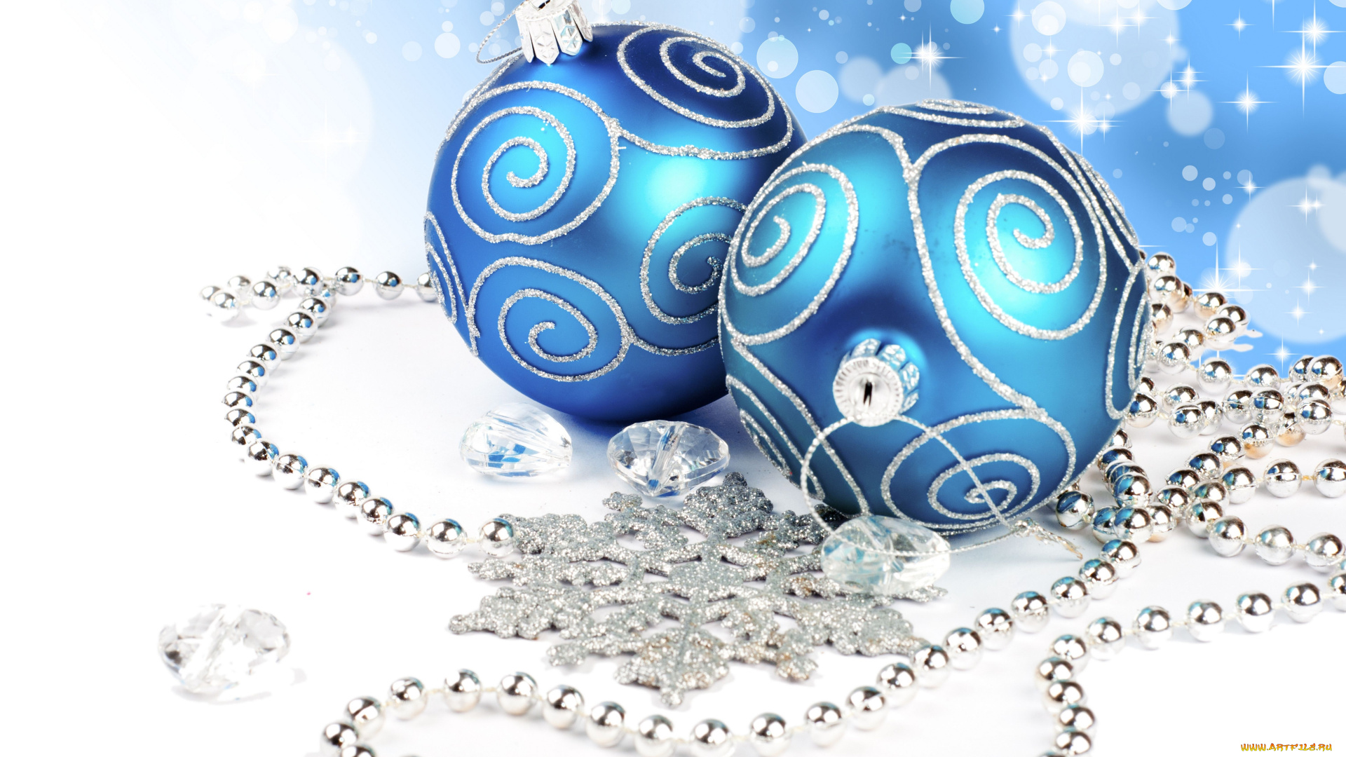 праздничные, шарики, бусы, снежинка, стразы, украшения, синий, белый