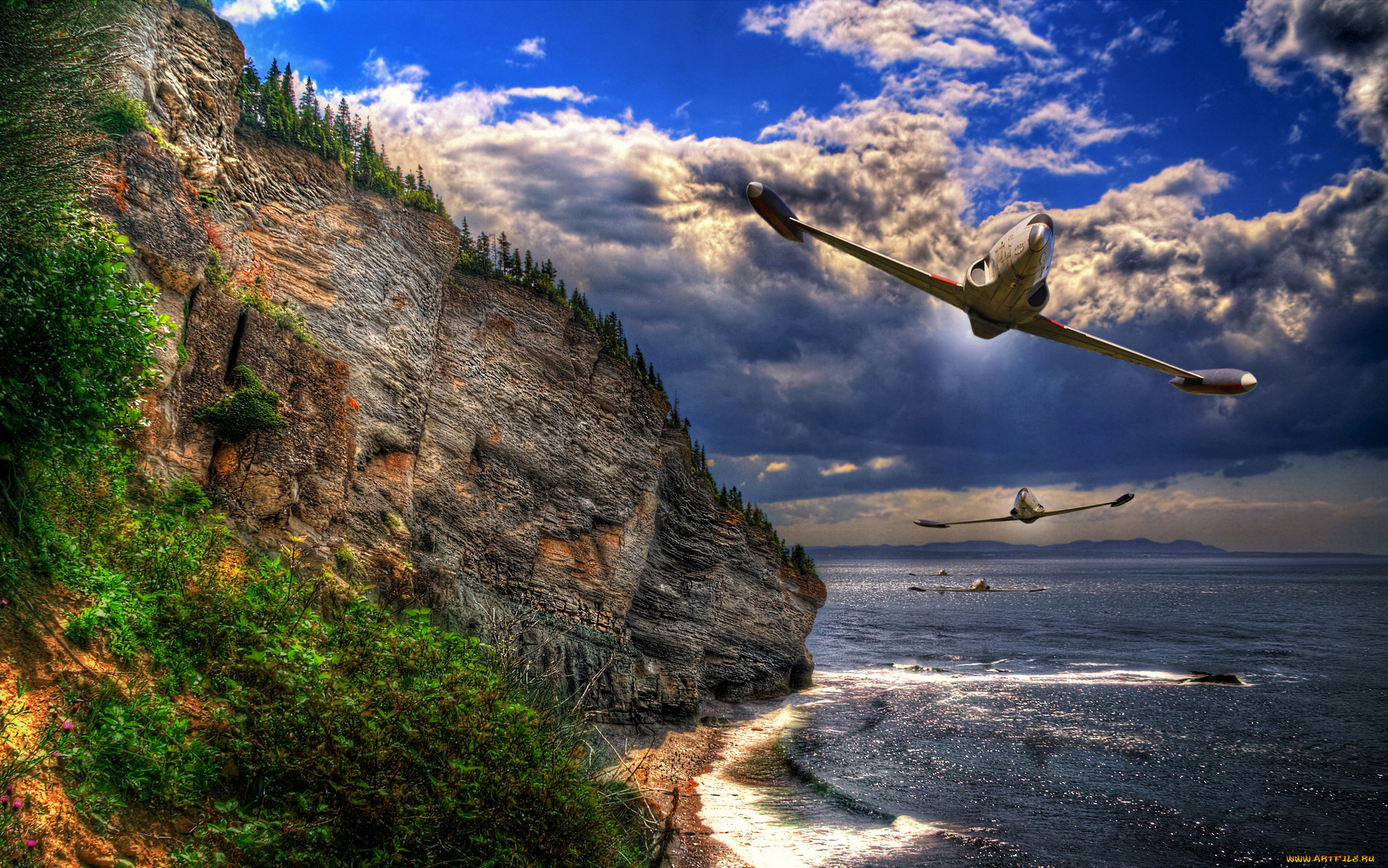авиация, 3д, рисованые, graphic, море, скалы, самолеты, пара