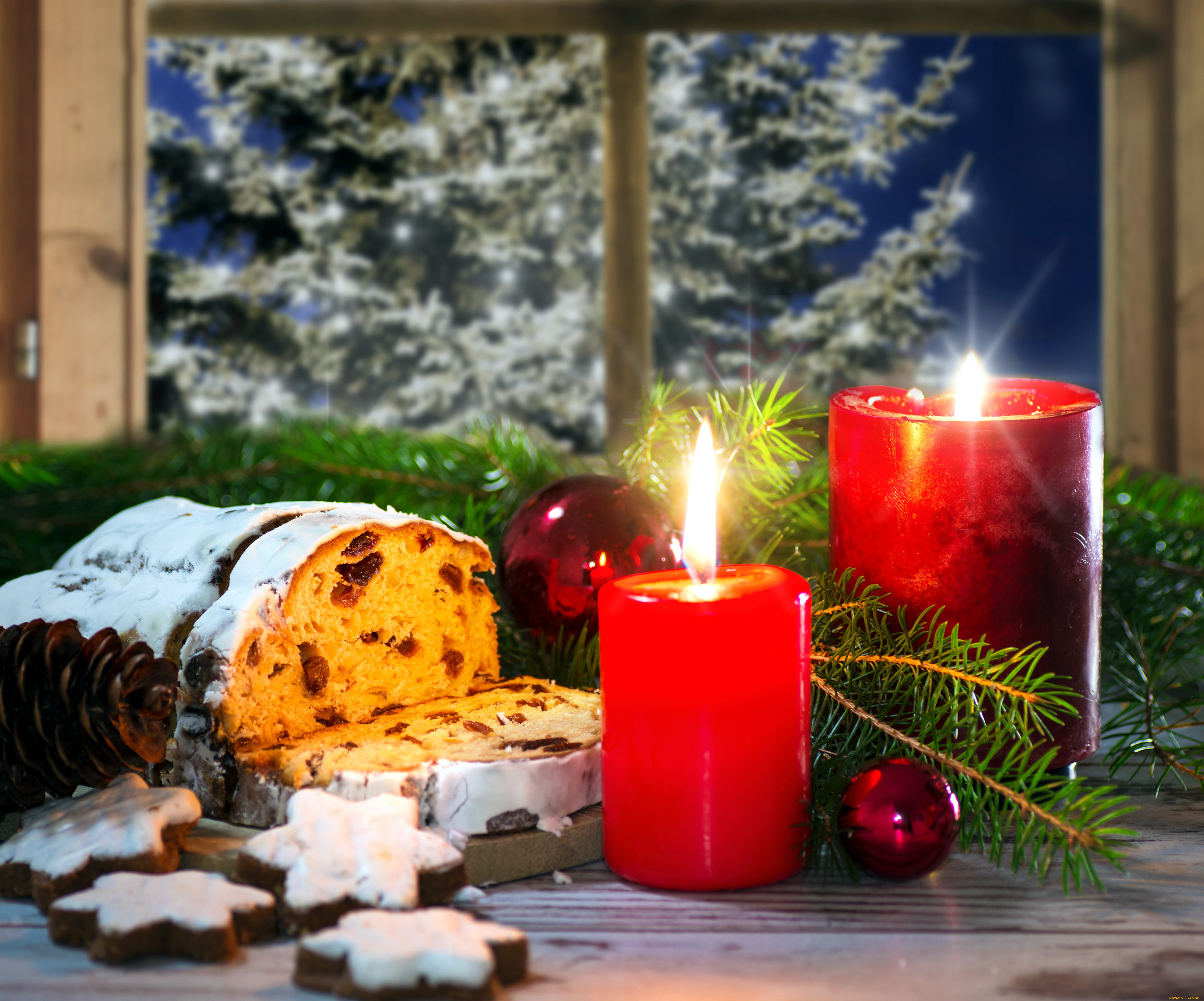 праздничные, угощения, шишки, пирог, печенье, свечи