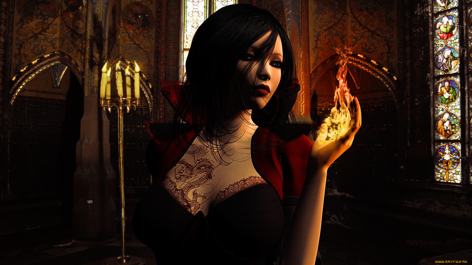 3д, графика, фантазия, , fantasy, огонь, рука, взгляд, девушка