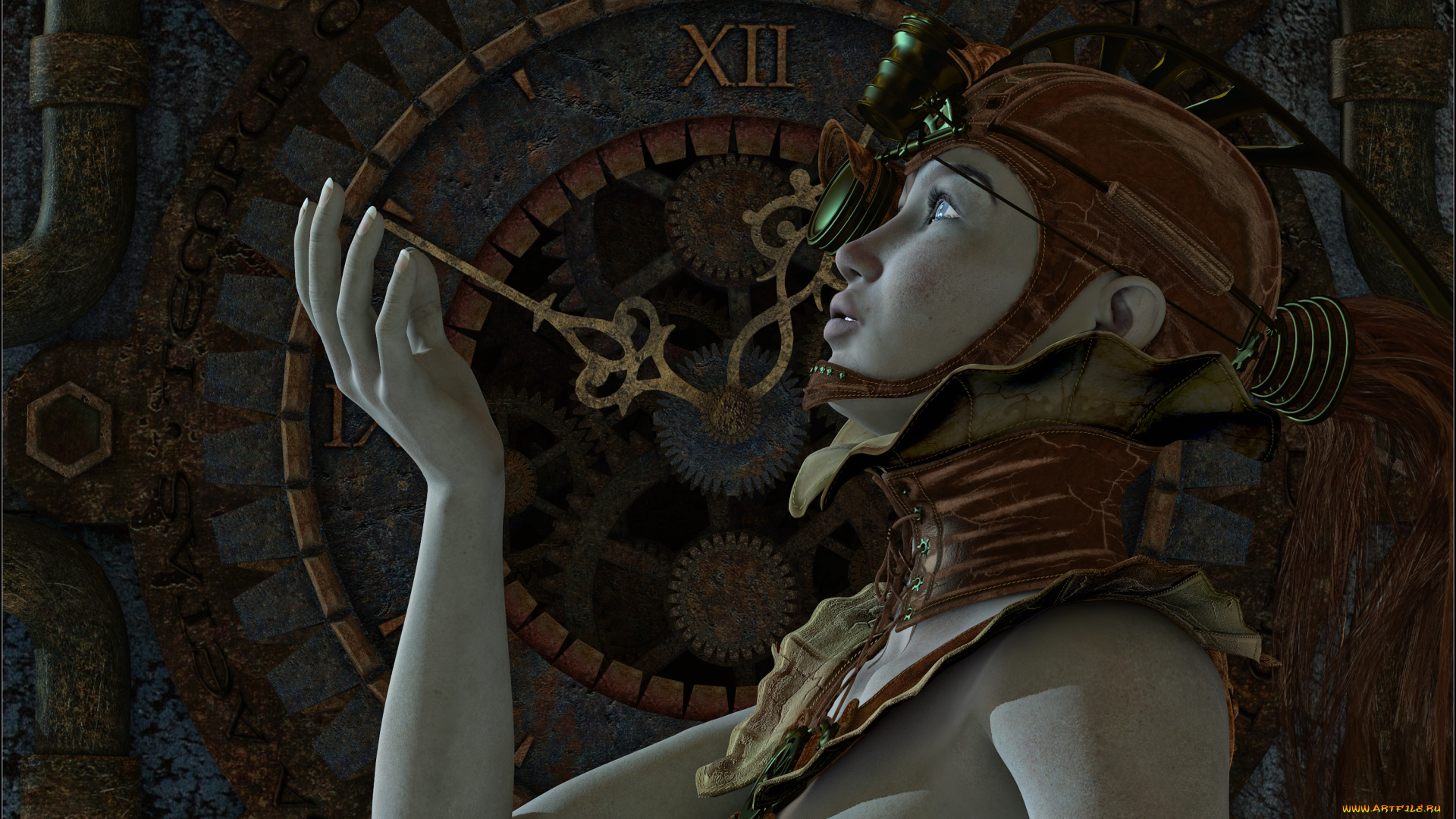 3д, графика, фантазия, , fantasy, взгляд, девушка, фон, часы