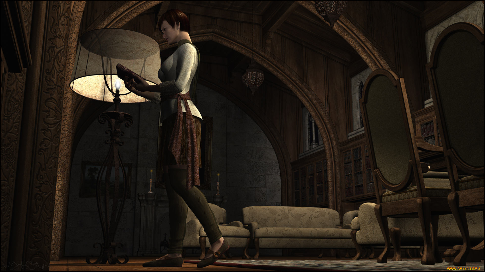 3д, графика, люди, , people, комната, кресла, диван, фон, взгляд, девушка, светильник