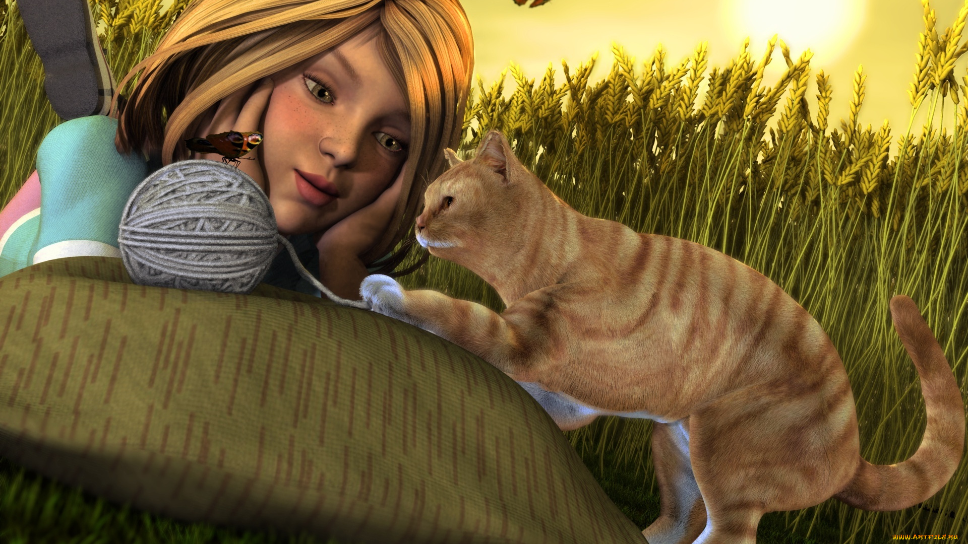 3д, графика, люди, , people, лето, бабочки, клубок, солнце, рожь, кот, взгляд, девушка