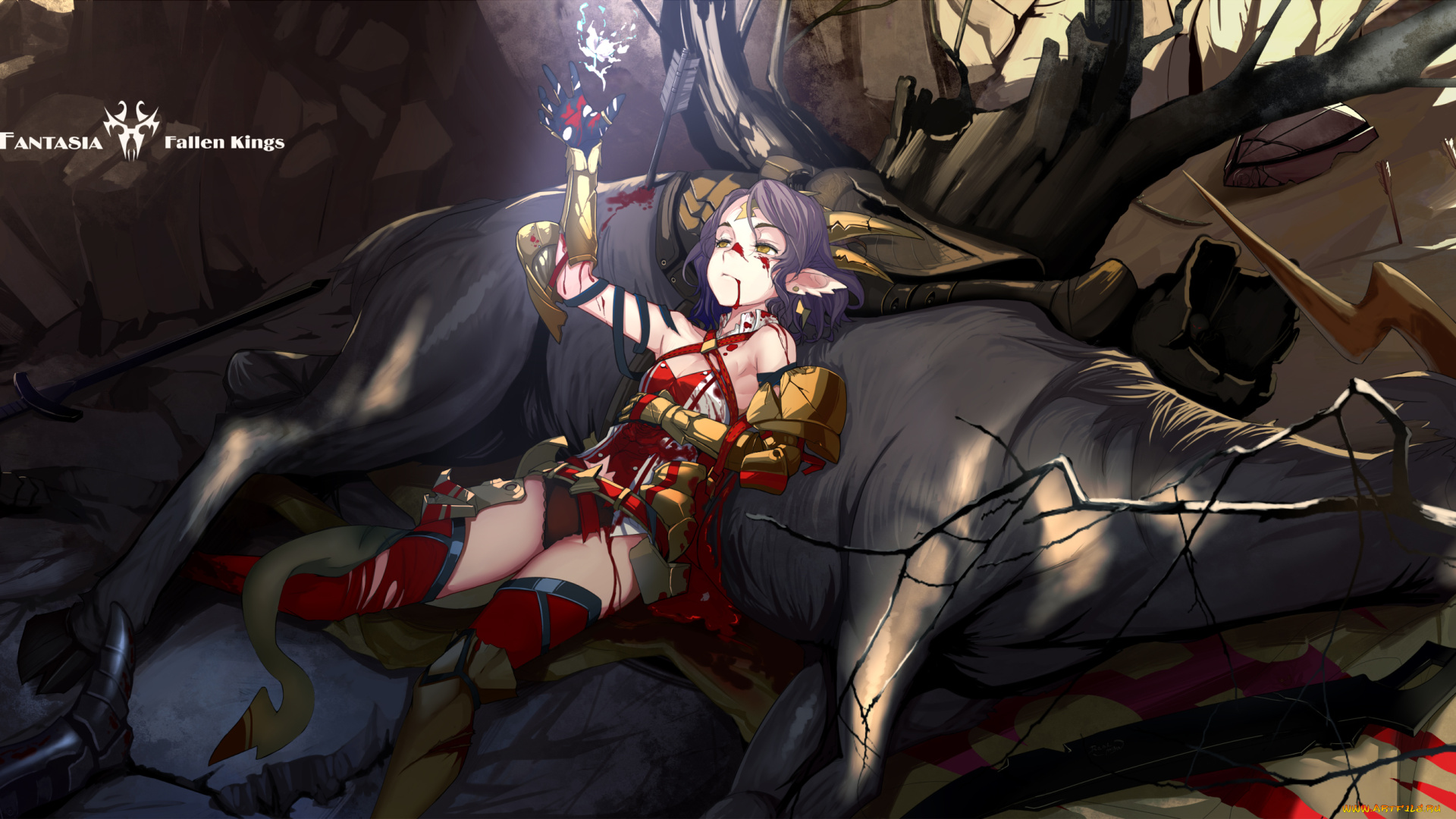 аниме, pixiv, fantasia, realmbw, арт, животное, мёртвое, девушка, лежит, кровь