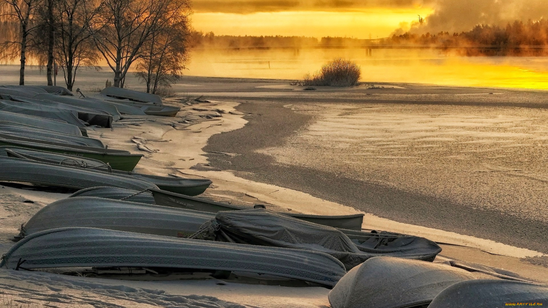 корабли, лодки, , шлюпки, горы, река, деревья, river, trees, снег, nature, landscape, sky, sunset, winter, boats, snow, пейзаж, небо, закат, зима