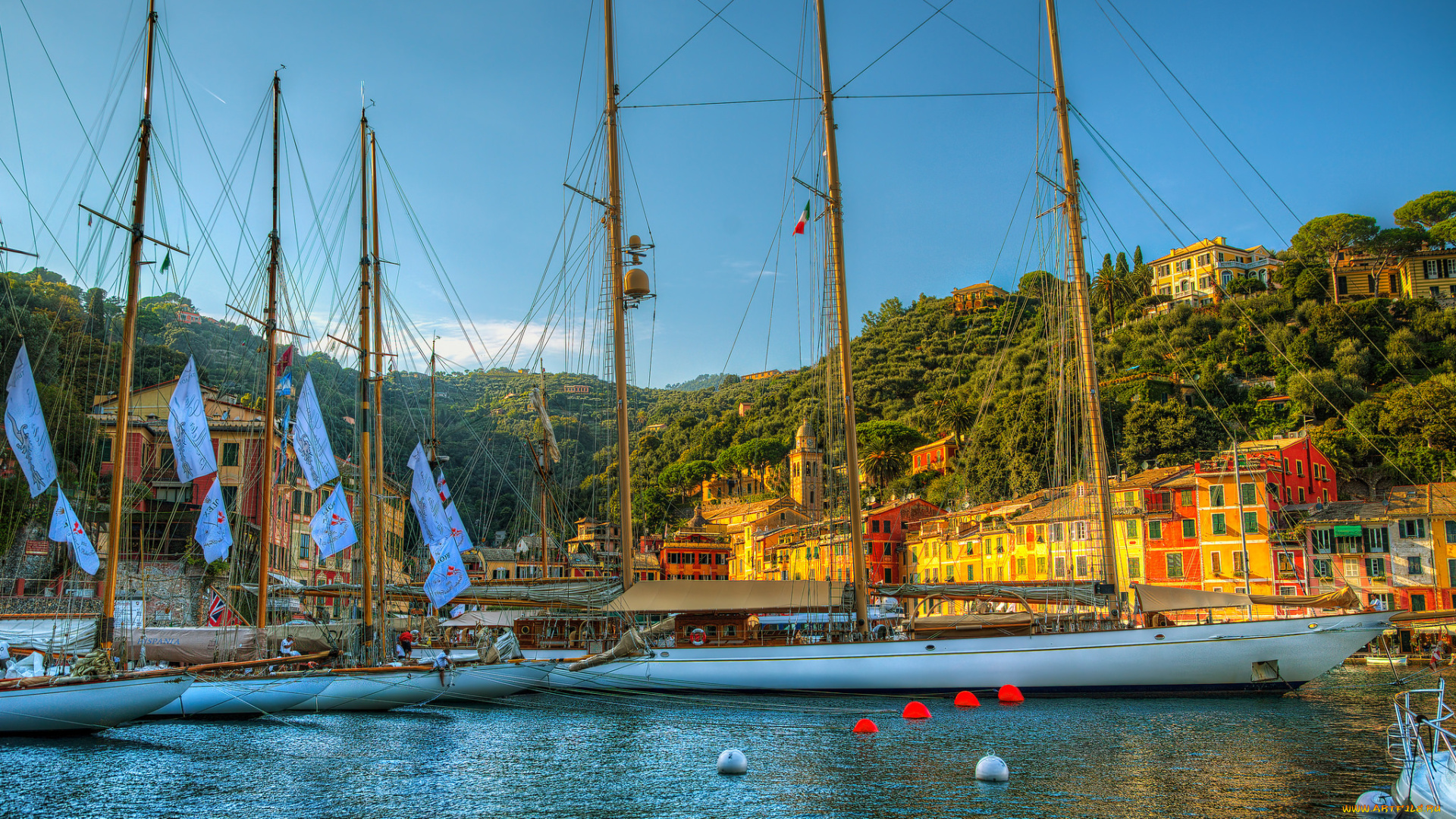 portofino, корабли, парусники, мачты, залив