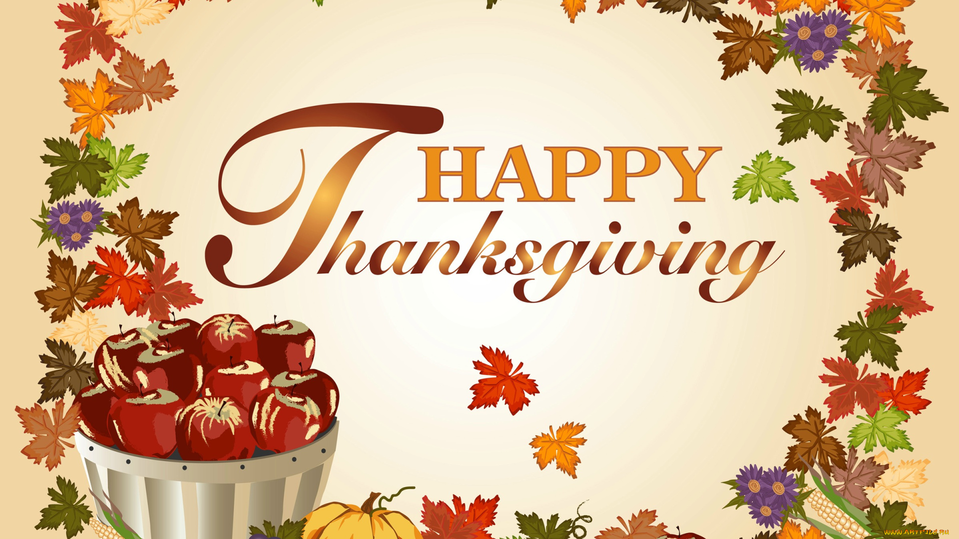 праздничные, день, благодарения, виноград, цветы, яблоки, тыква, листья