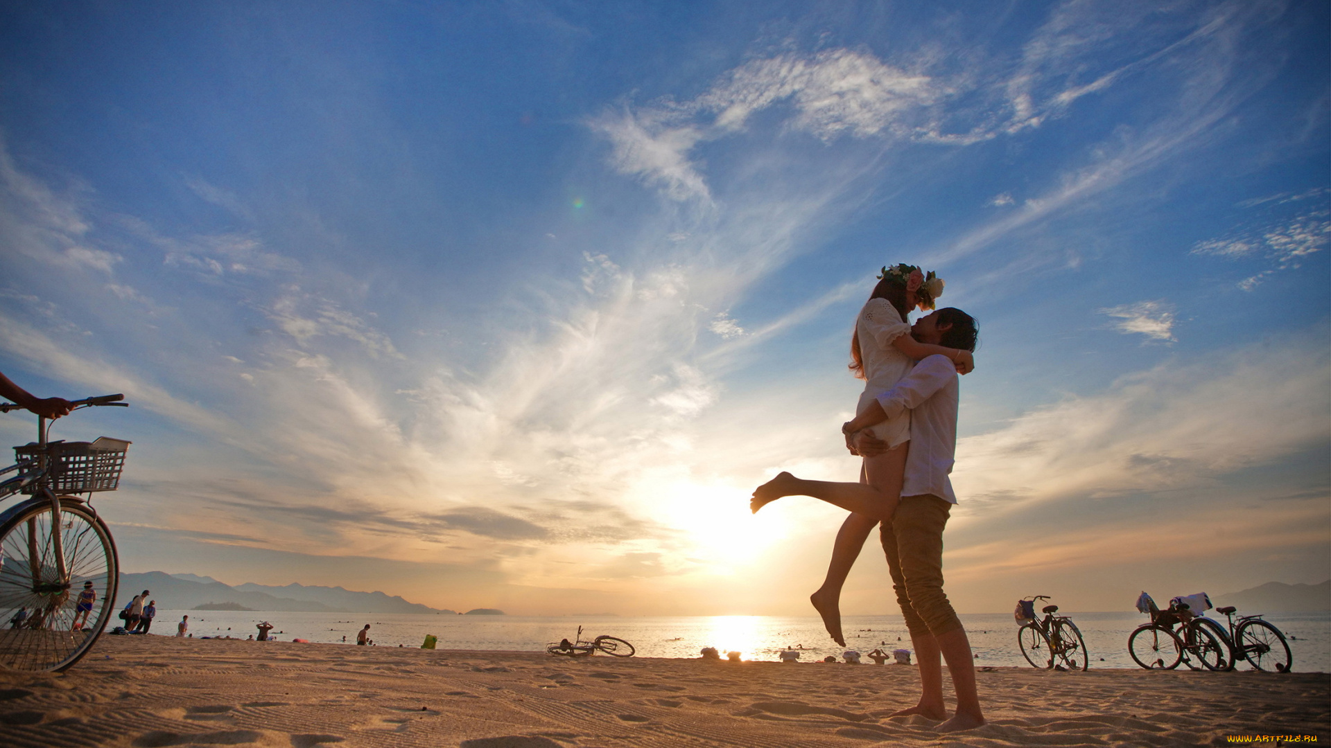разное, мужчина, женщина, облака, велосипеды, море, пара, пляж, закат, радость, девушка, парень