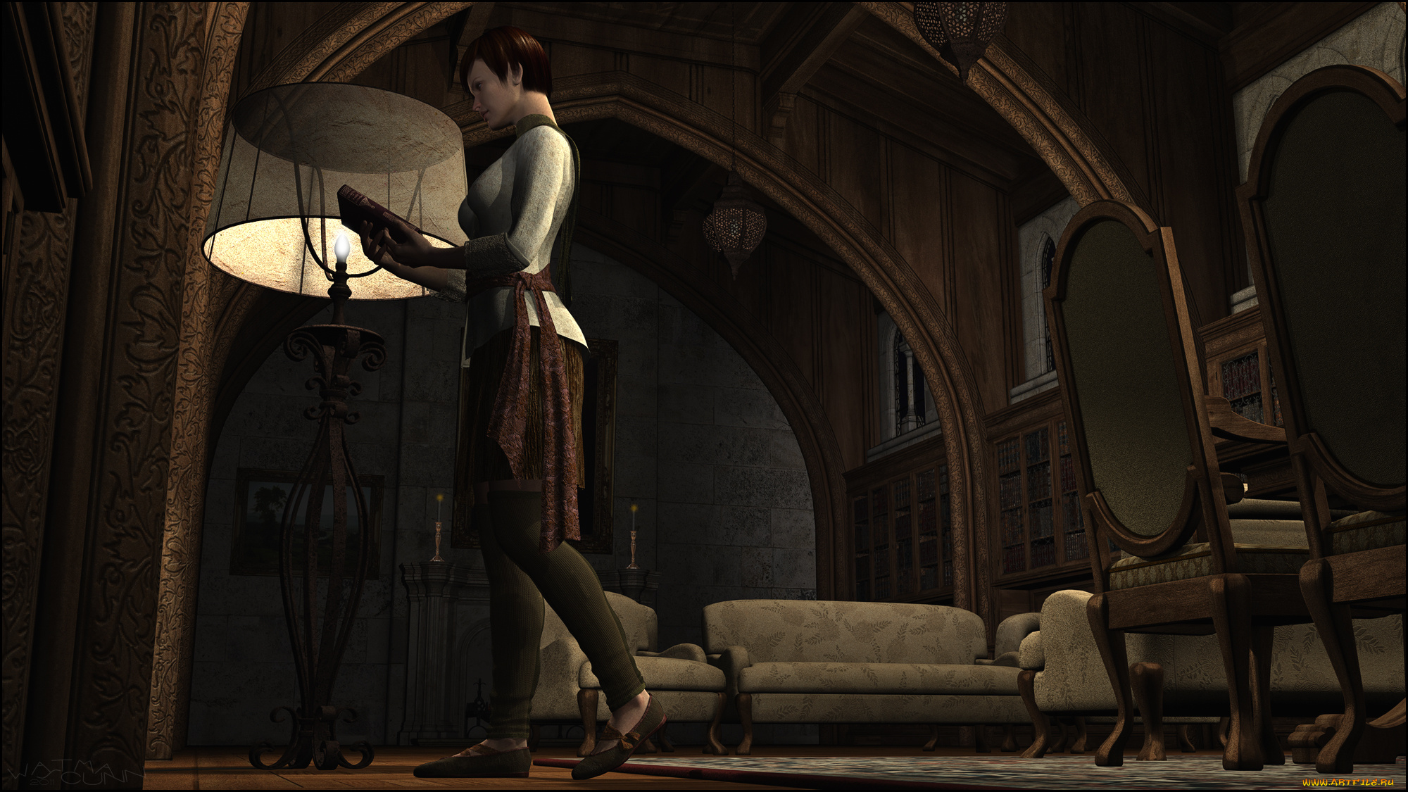 3д, графика, люди, , people, комната, кресла, диван, фон, взгляд, девушка, светильник