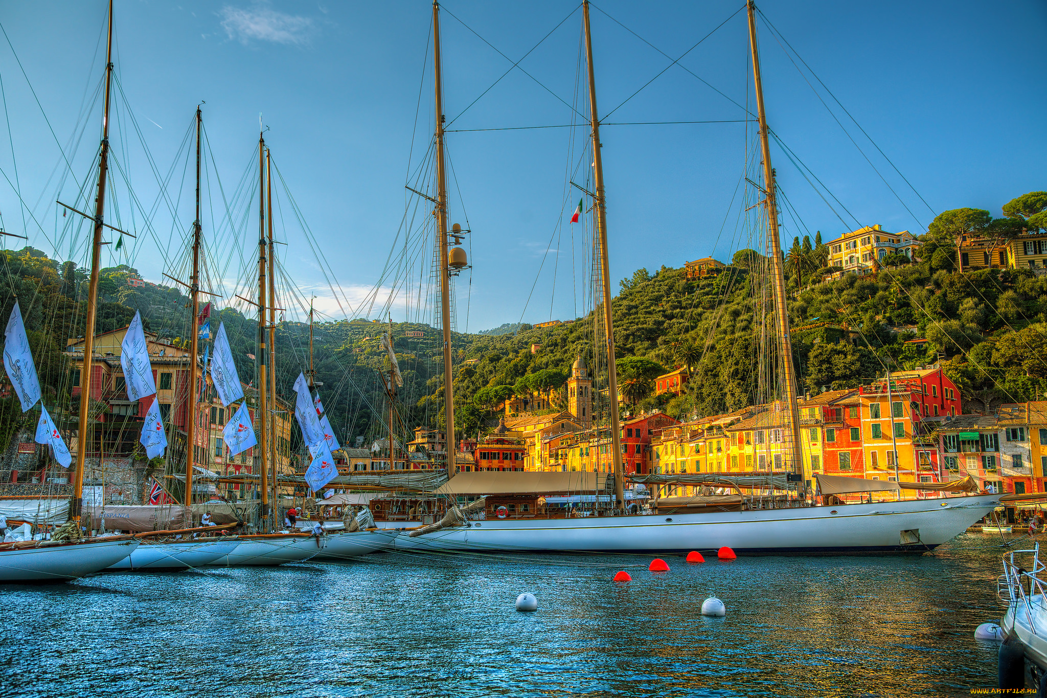 portofino, корабли, парусники, мачты, залив