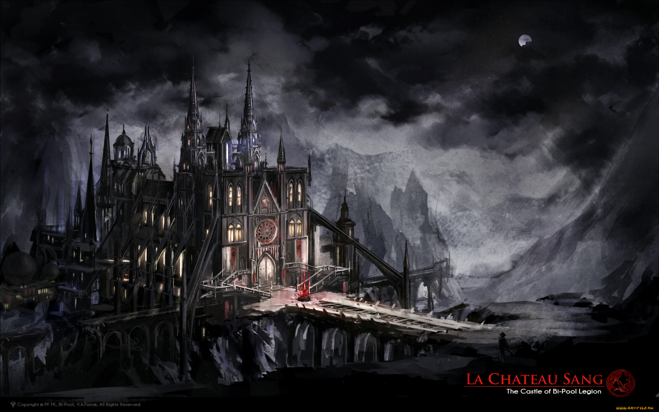 фэнтези, иные, миры, , иные, времена, мост, тучи, ночь, фантастика, луна, мрачно, люди, арт, замок